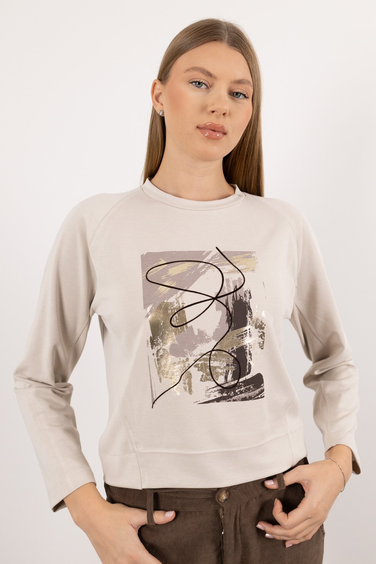 Bisiklet Yaka Detaylı Desenli Uzun Kollu Bluz