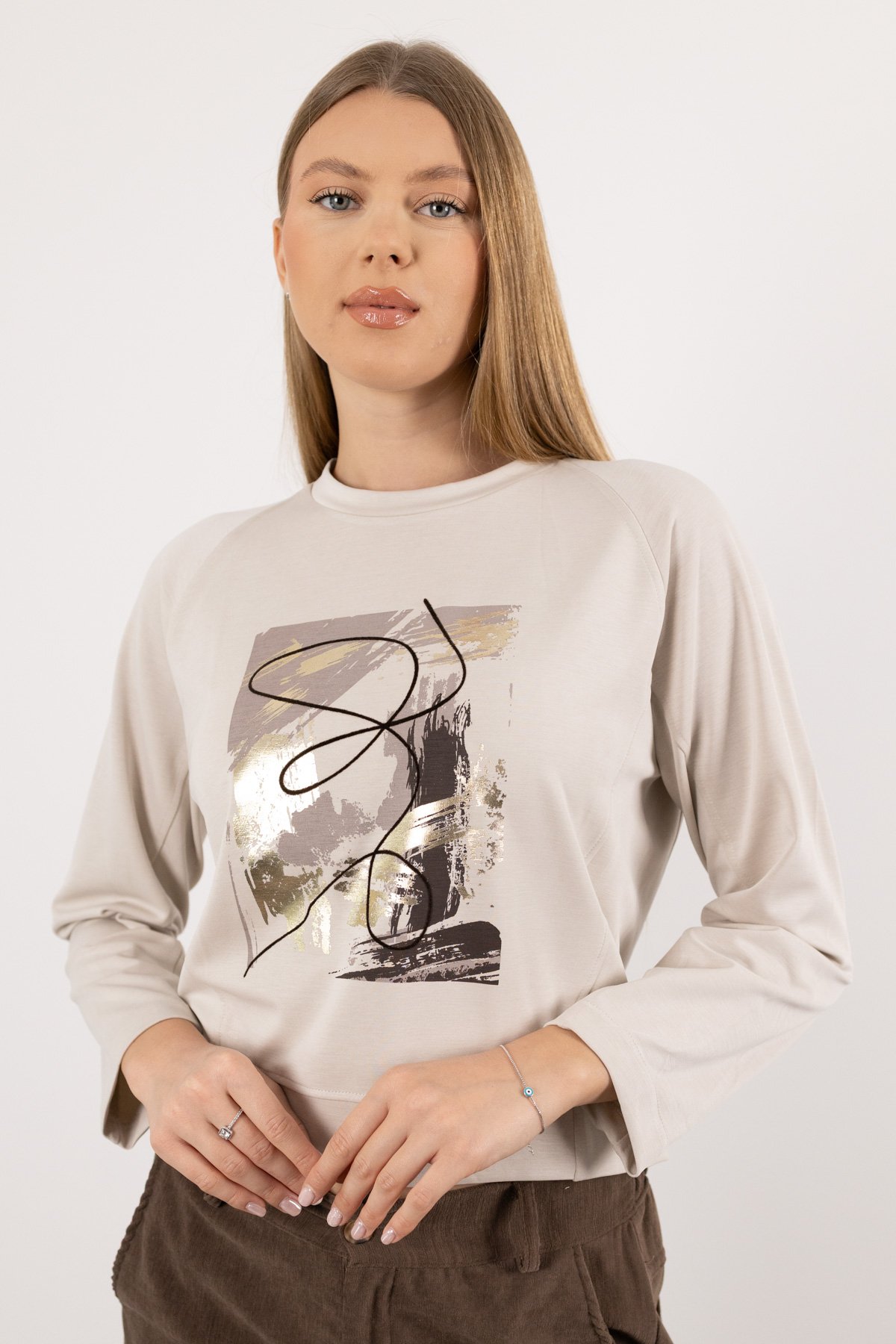 Bisiklet Yaka Detaylı Desenli Uzun Kollu Bluz