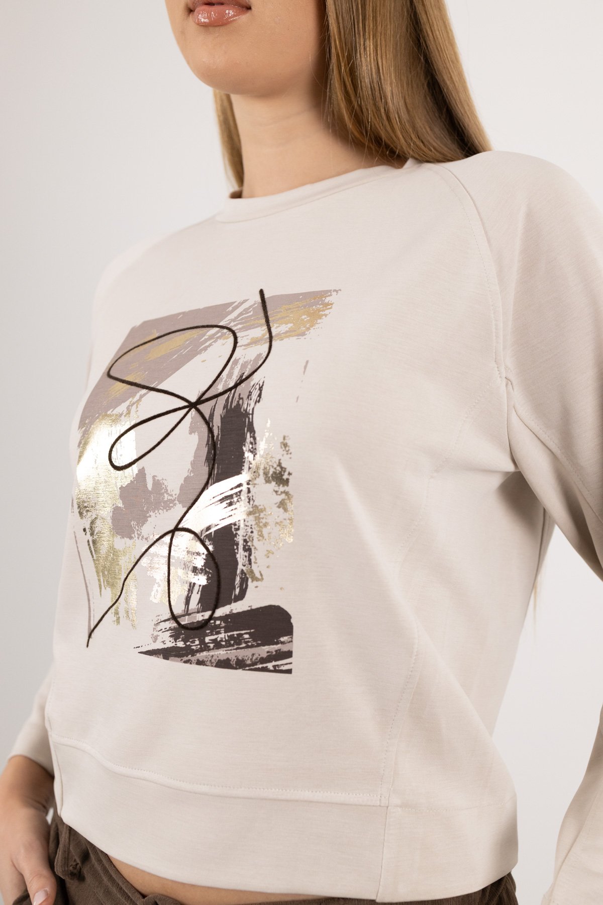 Bisiklet Yaka Detaylı Desenli Uzun Kollu Bluz