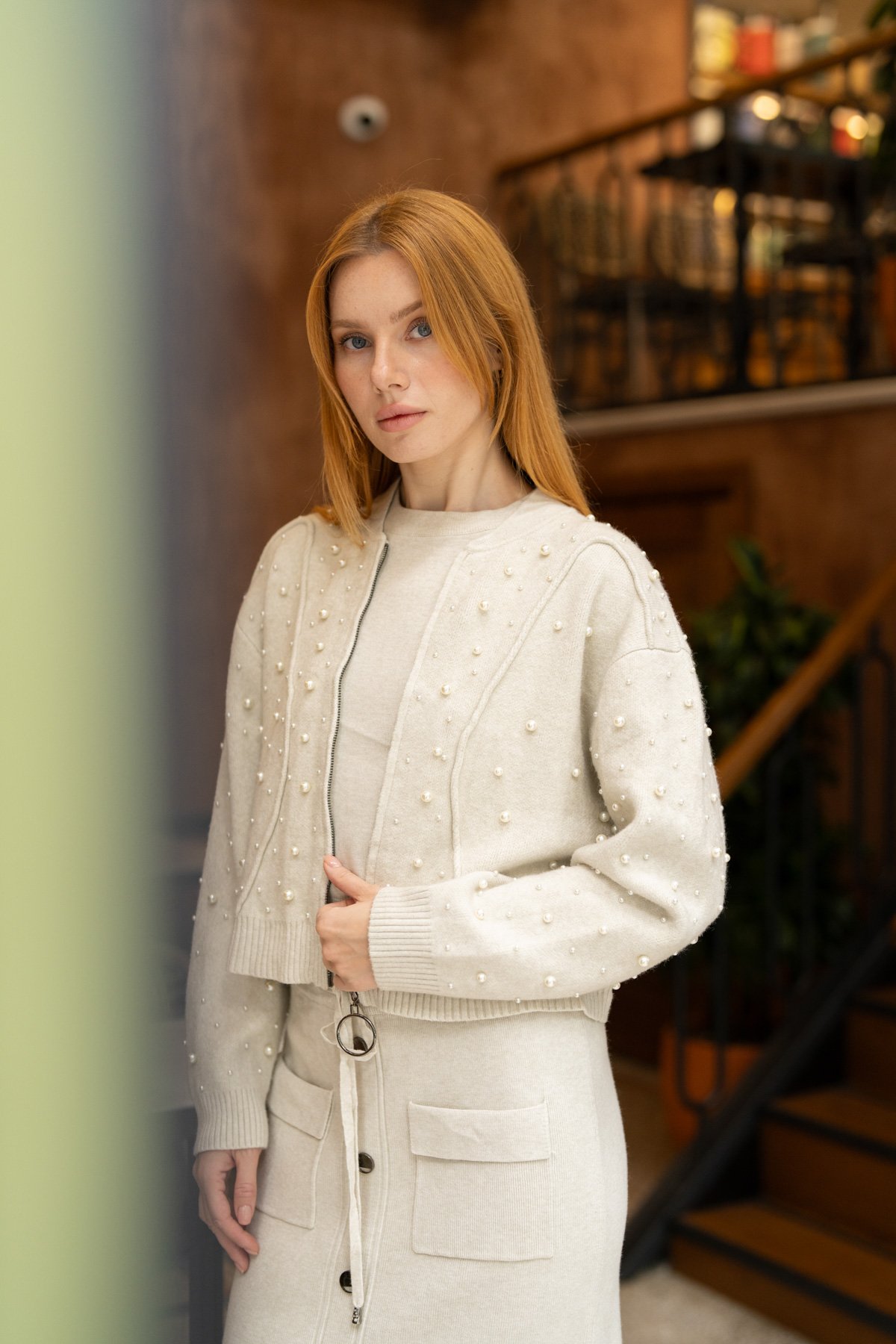 Boncuk İşleme Detay Triko Ceket