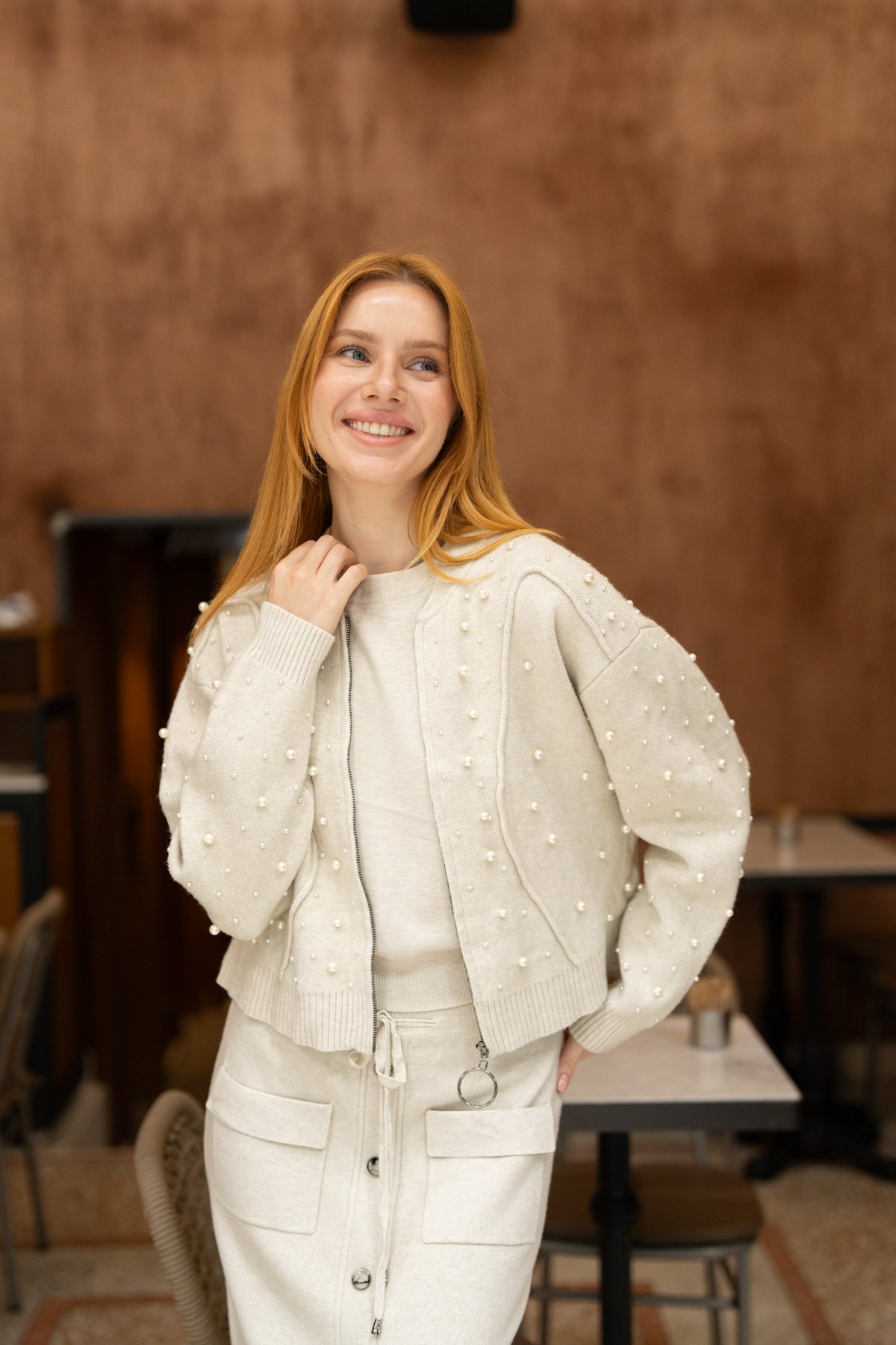 Boncuk İşleme Detay Triko Ceket