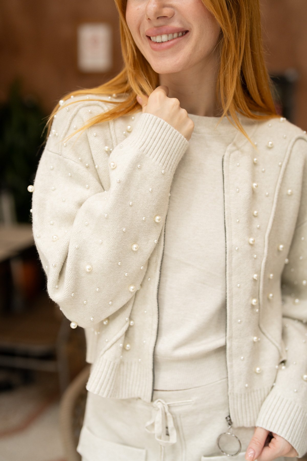 Boncuk İşleme Detay Triko Ceket