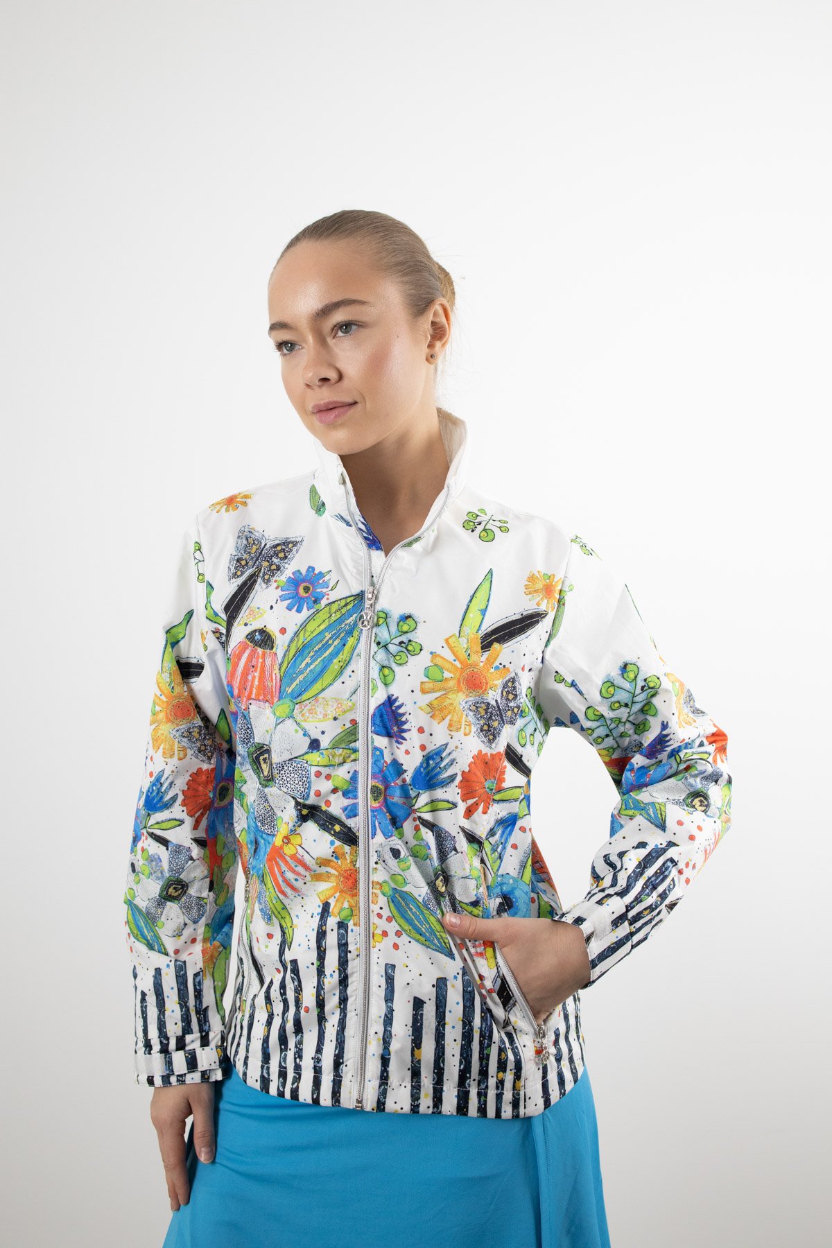 Çiçek Desenli Cep Fermuar Detay Ceket