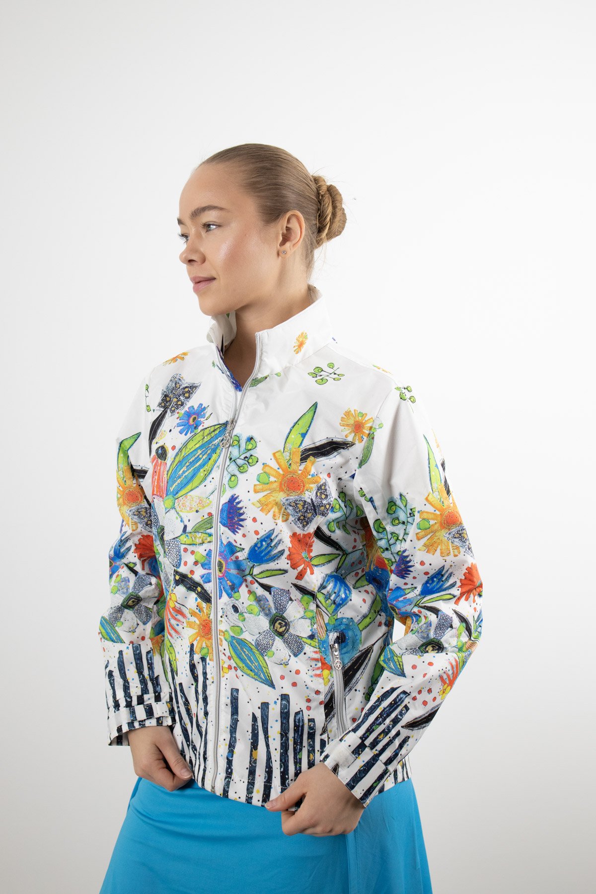 Çiçek Desenli Cep Fermuar Detay Ceket