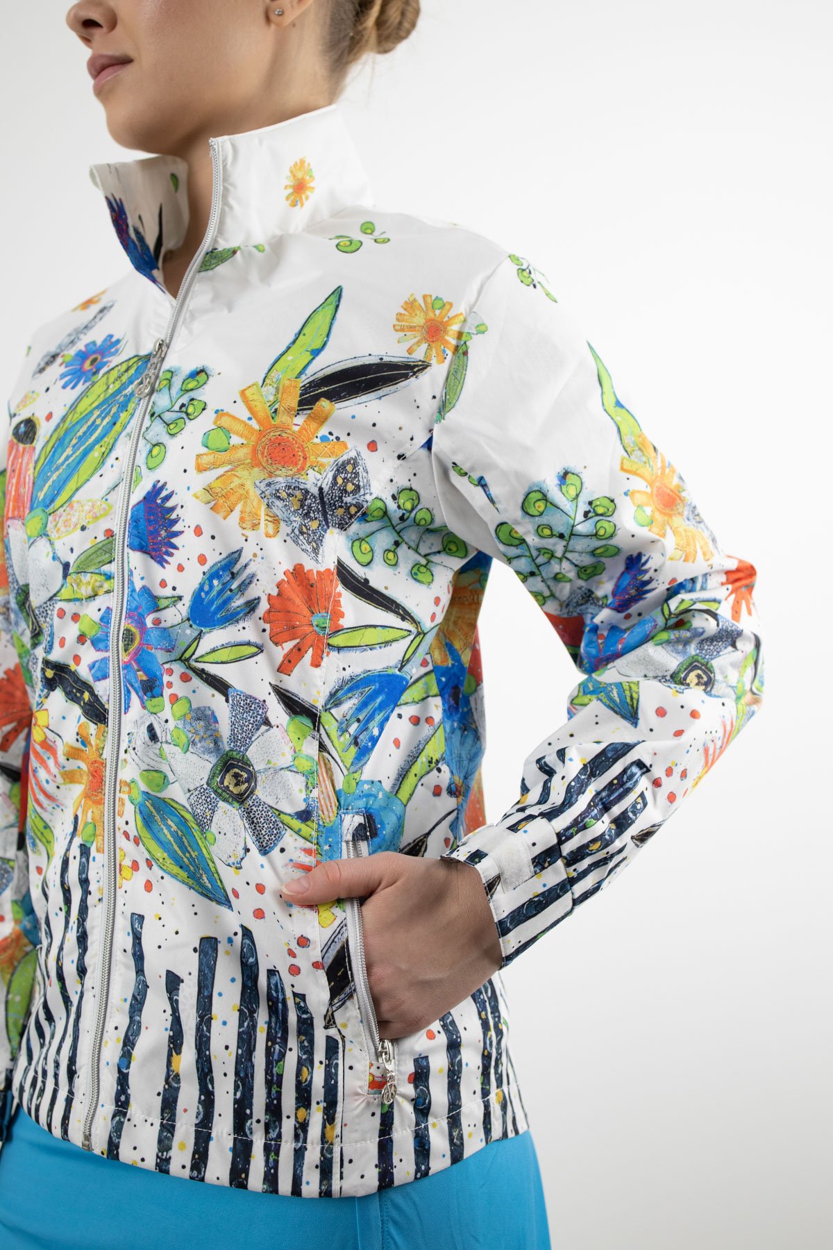 Çiçek Desenli Cep Fermuar Detay Ceket