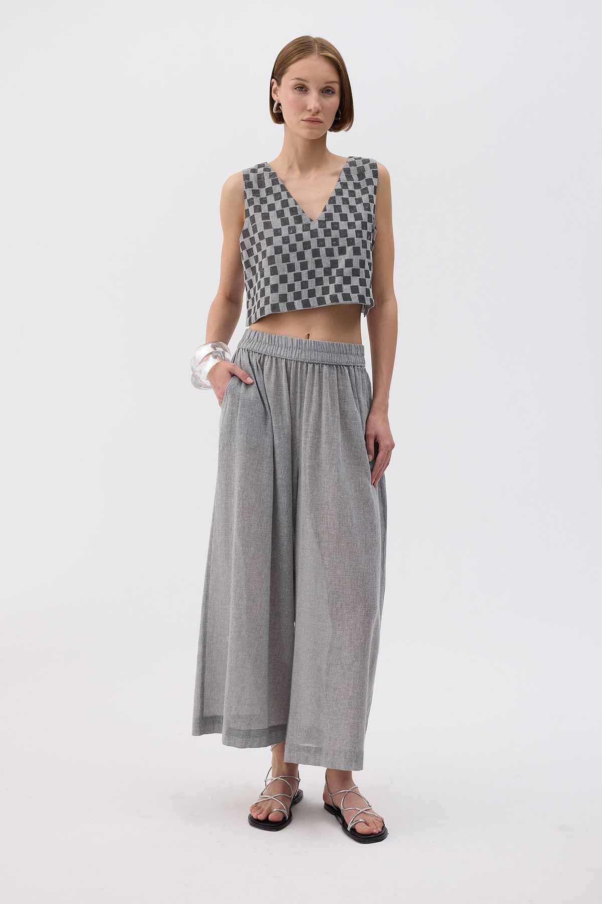 Dama Desenli Crop Bluz