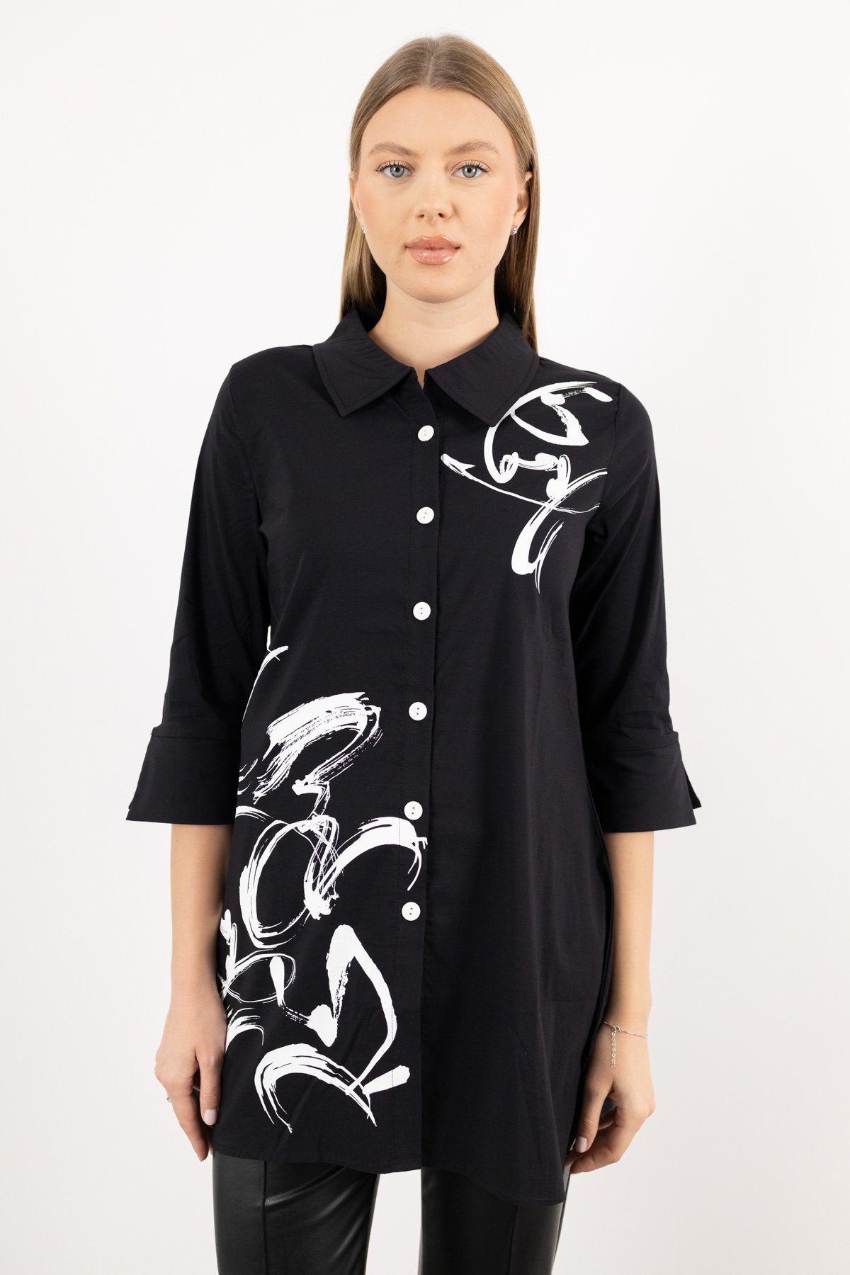 Desenli Uzun Kollu Düğme Detaylı Uzun Kollu Gömlek