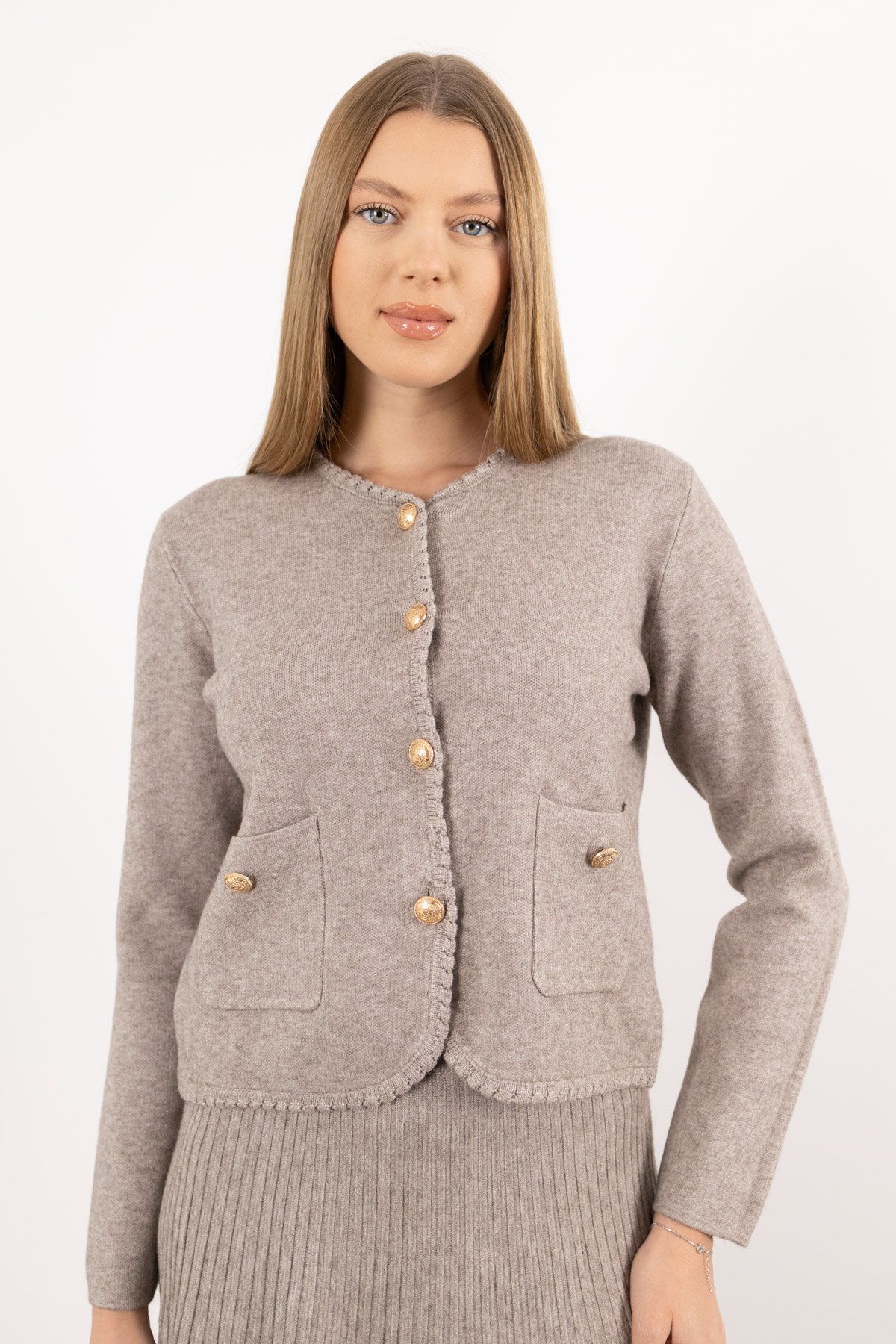 Gold Düğme Detaylı Cepli Uzun Kollu Changel Ceket