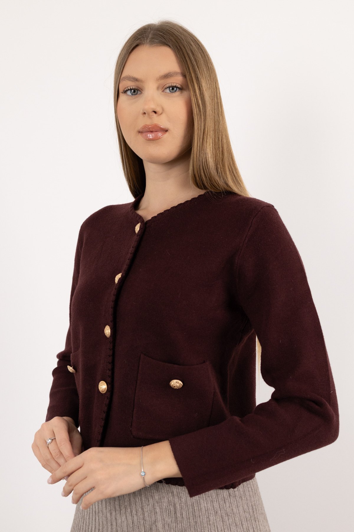 Gold Düğme Detaylı Cepli Uzun Kollu Changel Ceket