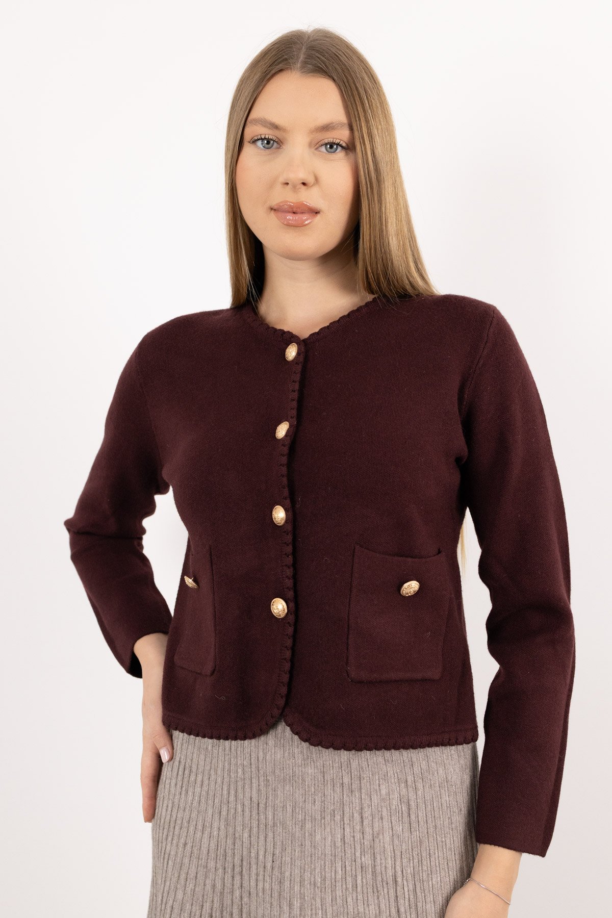 Gold Düğme Detaylı Cepli Uzun Kollu Changel Ceket