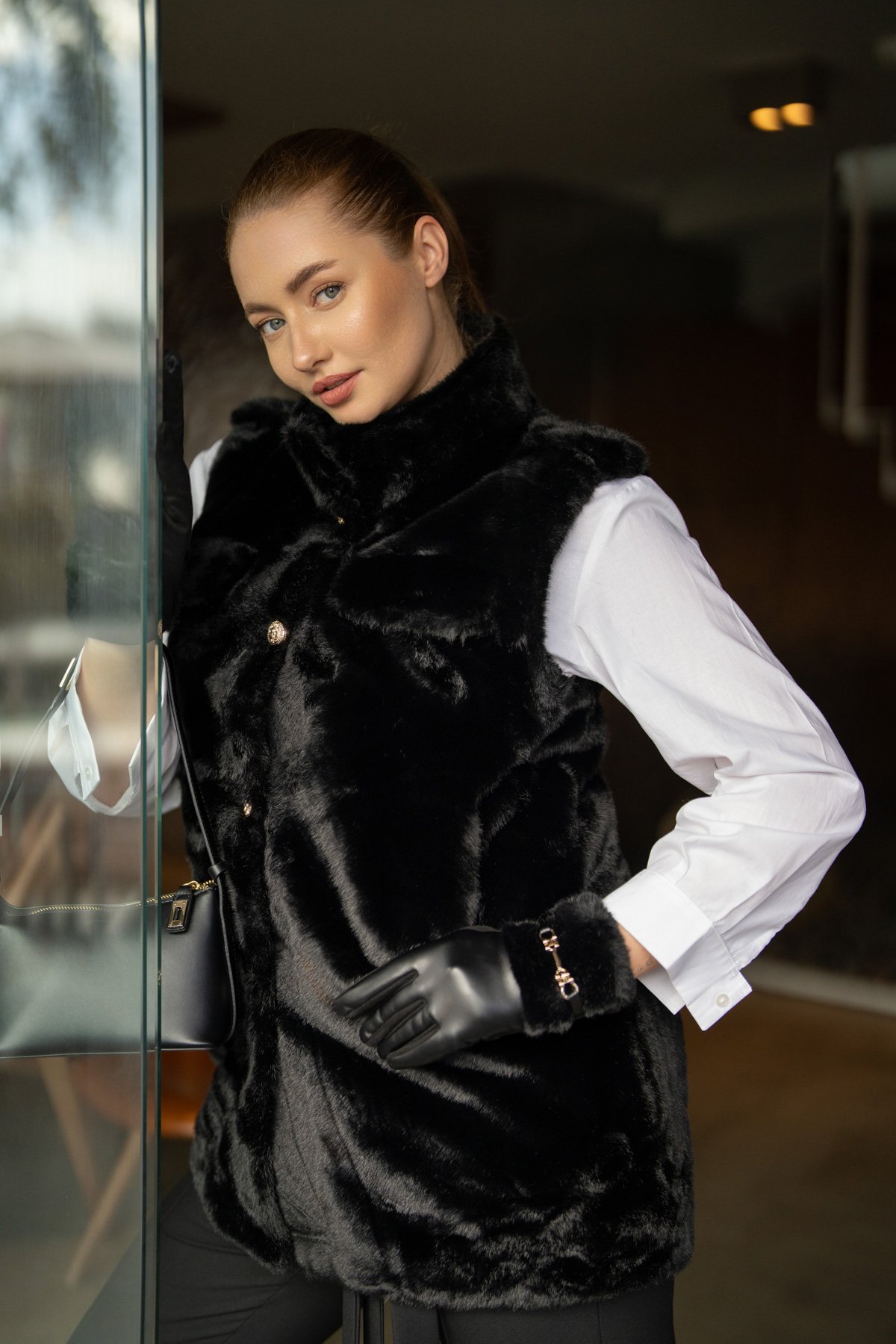 Gold Düğme Detaylı Uzun Kürk Yelek