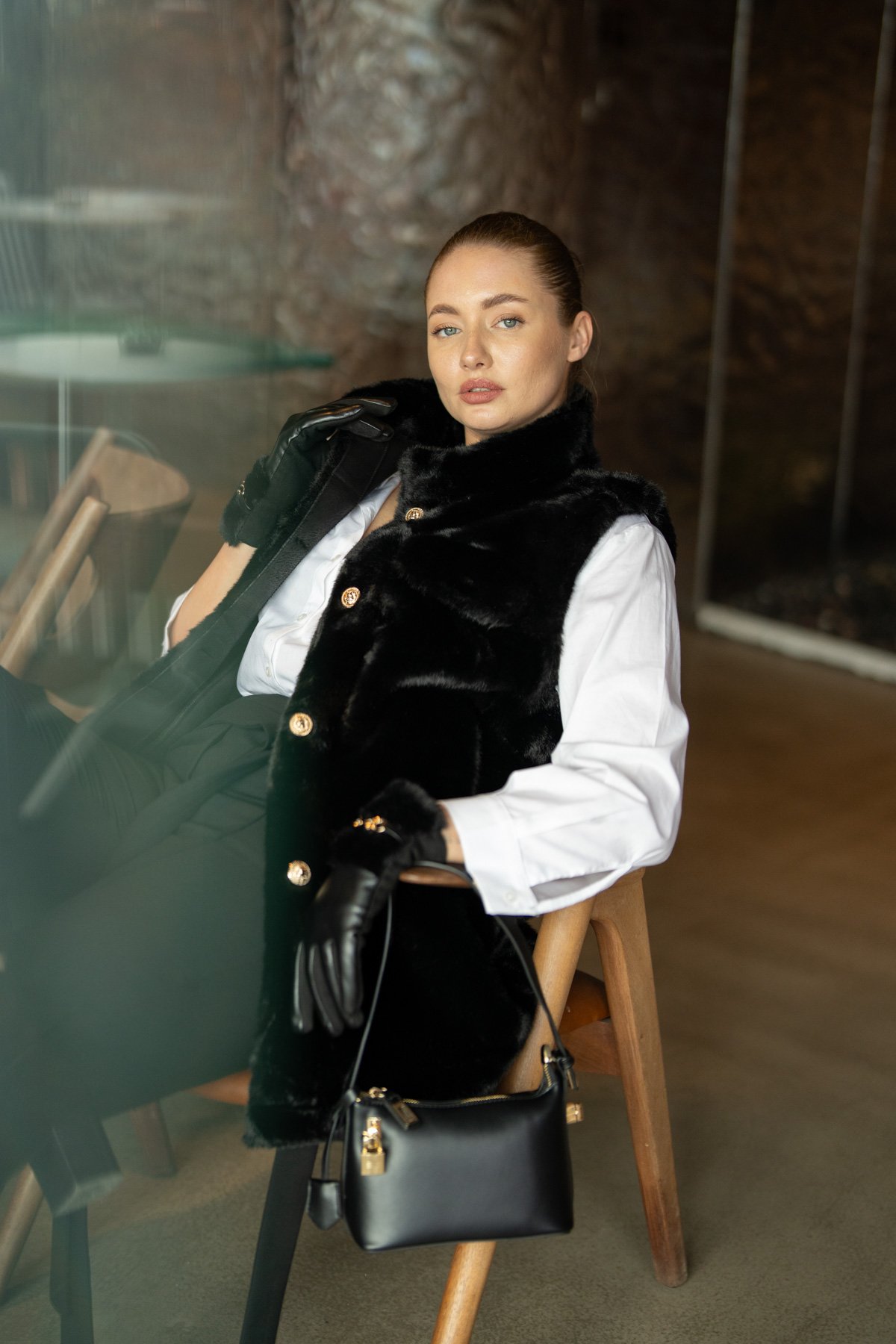 Gold Düğme Detaylı Uzun Kürk Yelek