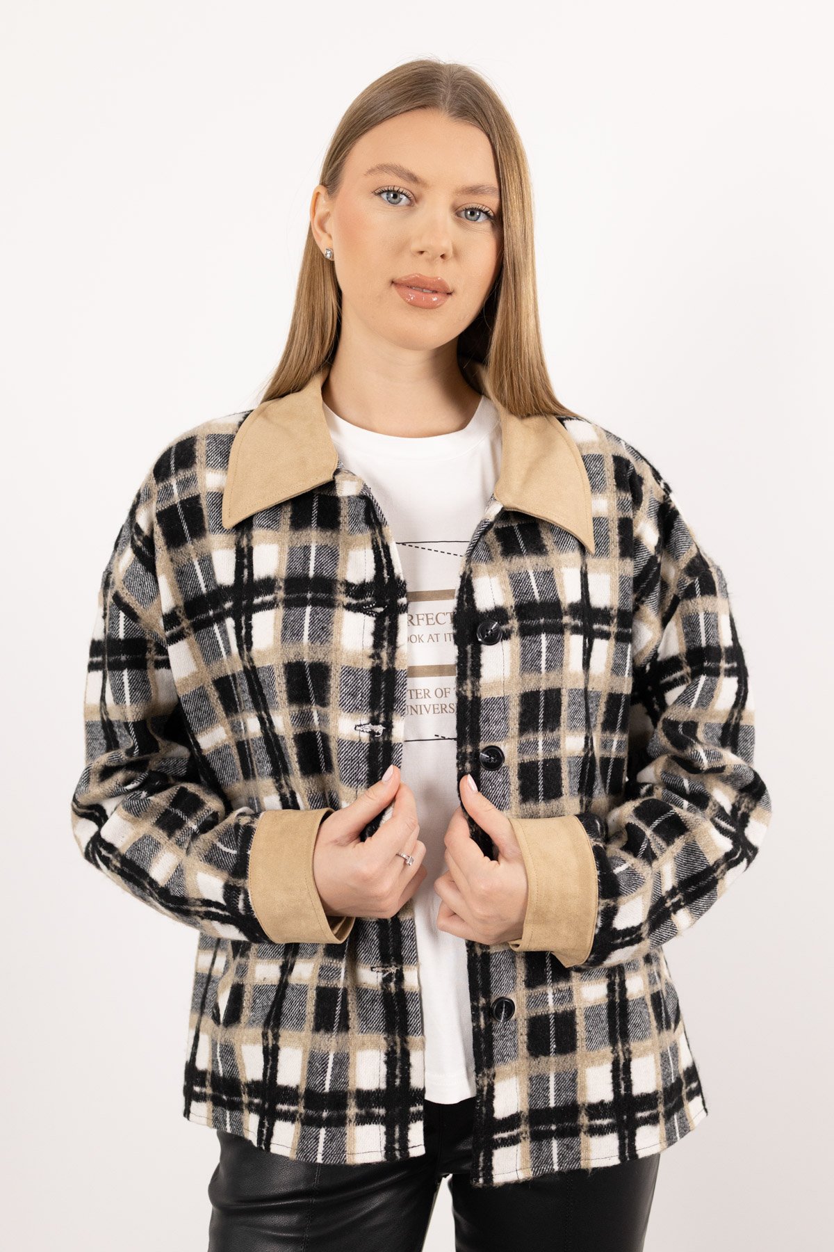 İki RenkLİ  İç Bluz Detaylı Oduncu Ceket