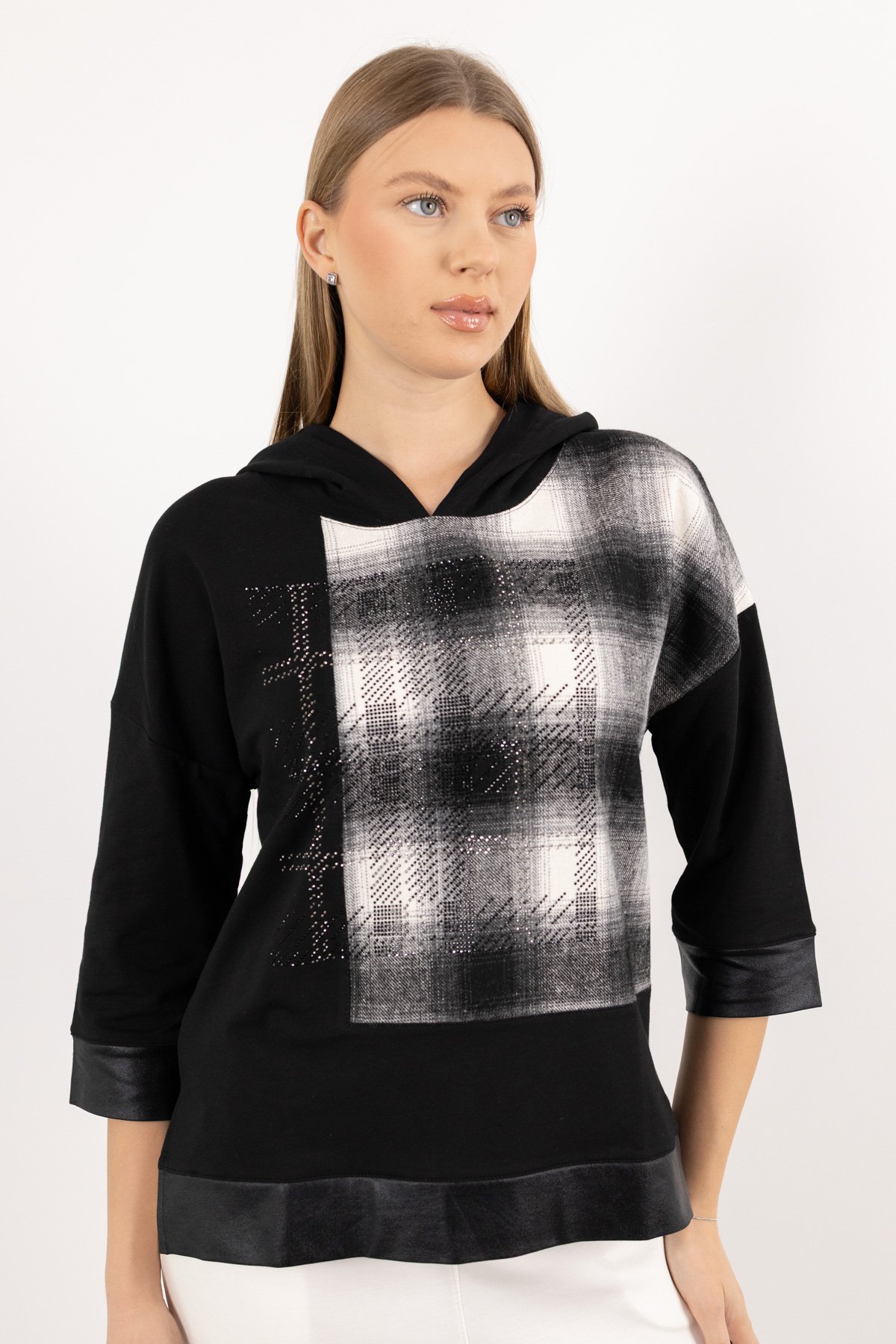 Kapüşon Detay Ekoseli Taş Baskılı Dikdörtgen Bluz