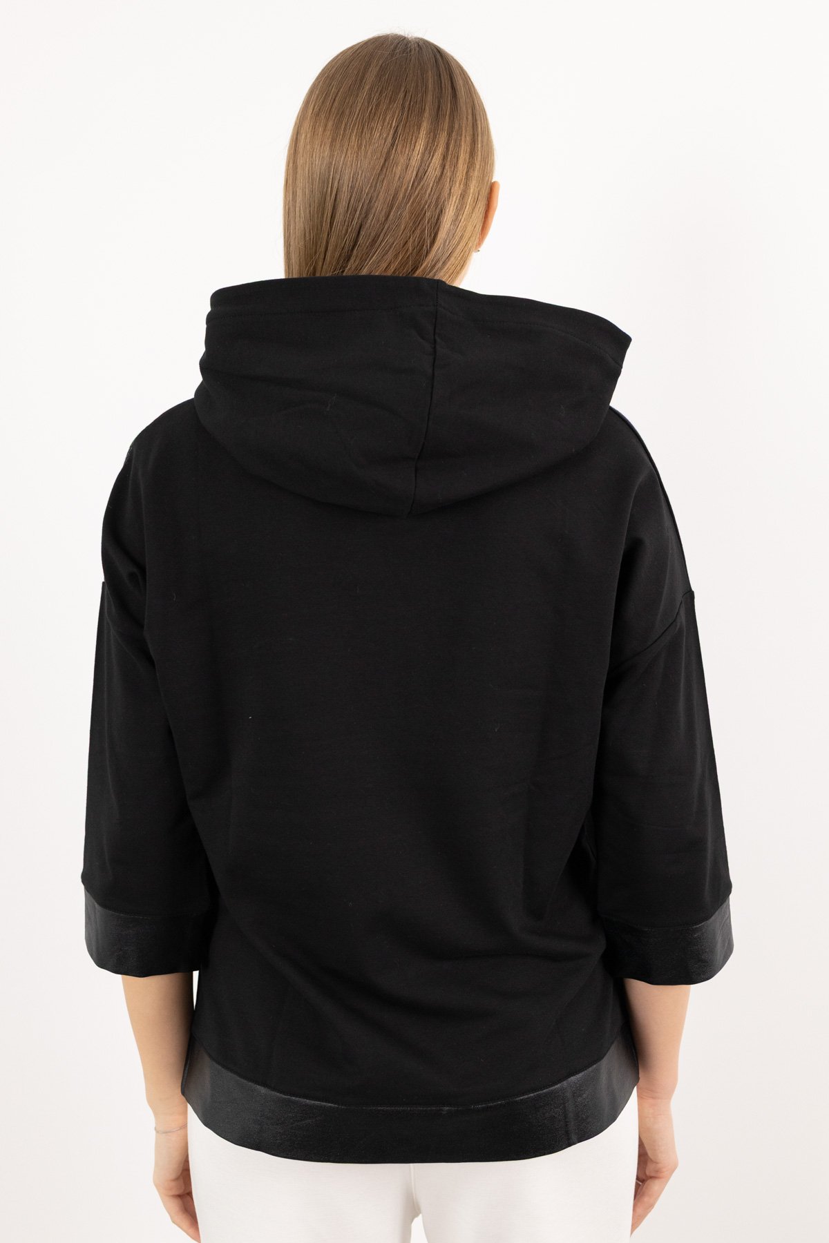 Kapüşon Detay Ekoseli Taş Baskılı Dikdörtgen Bluz