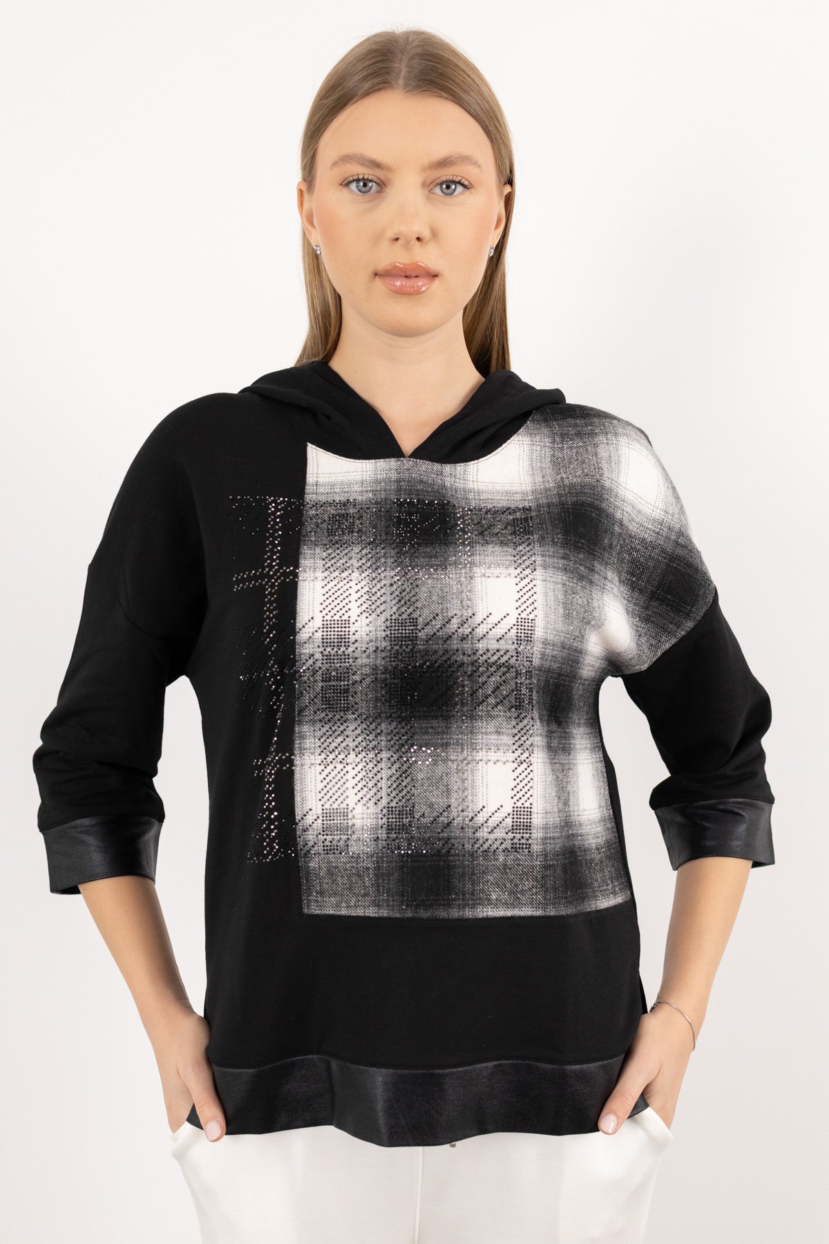 Kapüşon Detay Ekoseli Taş Baskılı Dikdörtgen Bluz