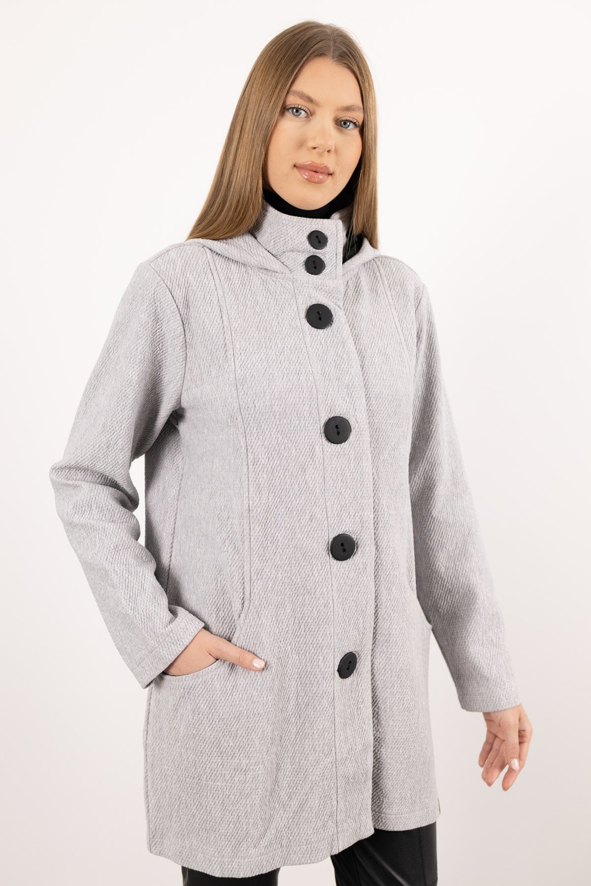 Kapüşon Detaylı Düğmeli Uzun Kollu Cepli Uzun Hırka