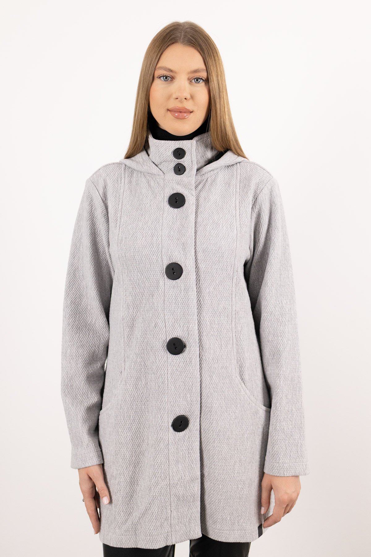 Kapüşon Detaylı Düğmeli Uzun Kollu Cepli Uzun Hırka