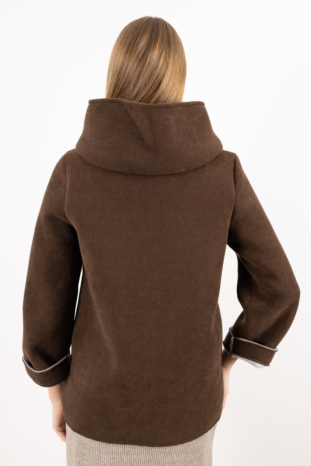 Kapüşon Detaylı Kadife Fitilli Cepli Mont