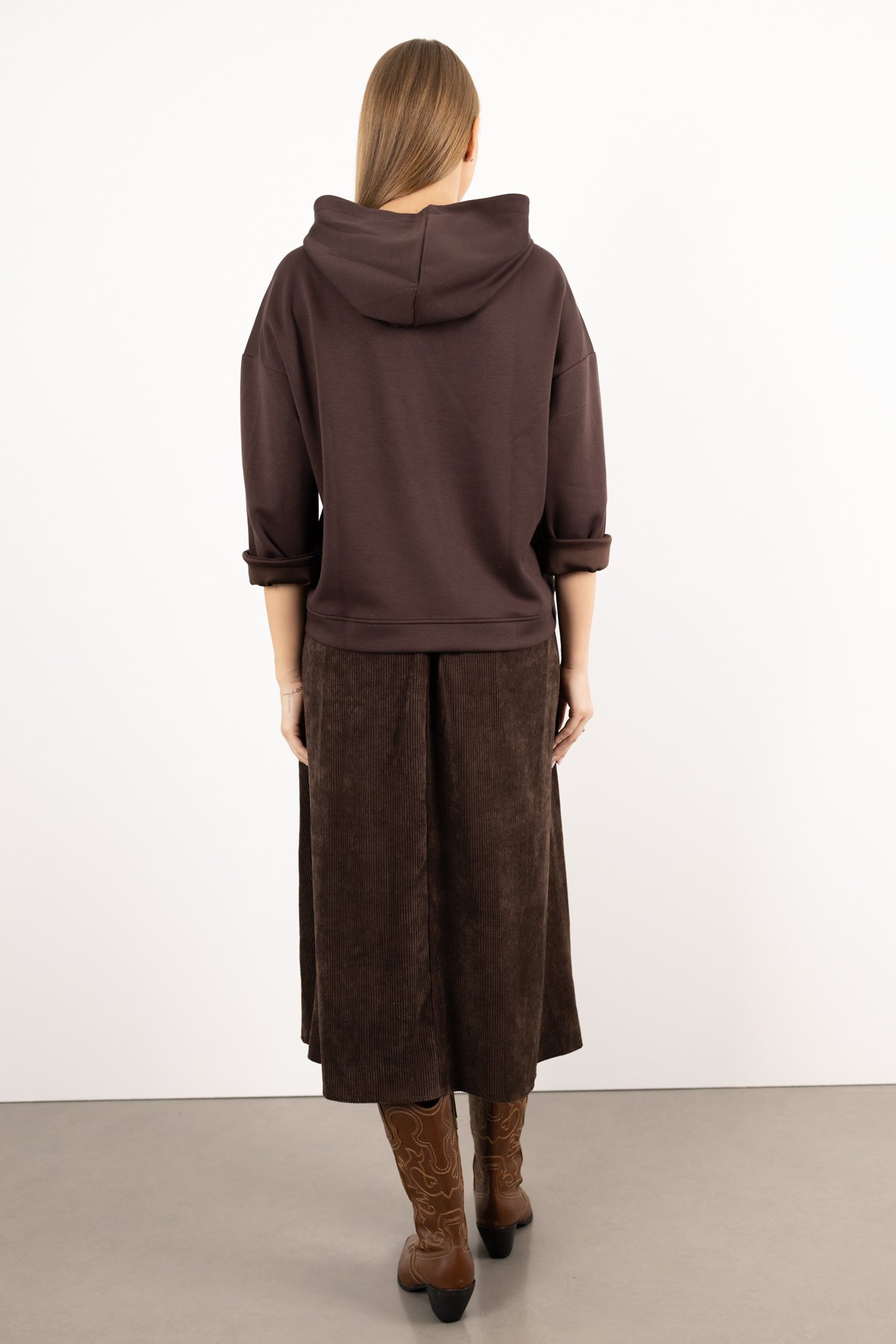 Kapüşon Detaylı Kürk Ve Deri Parçalı Taş Baskılı Bluz