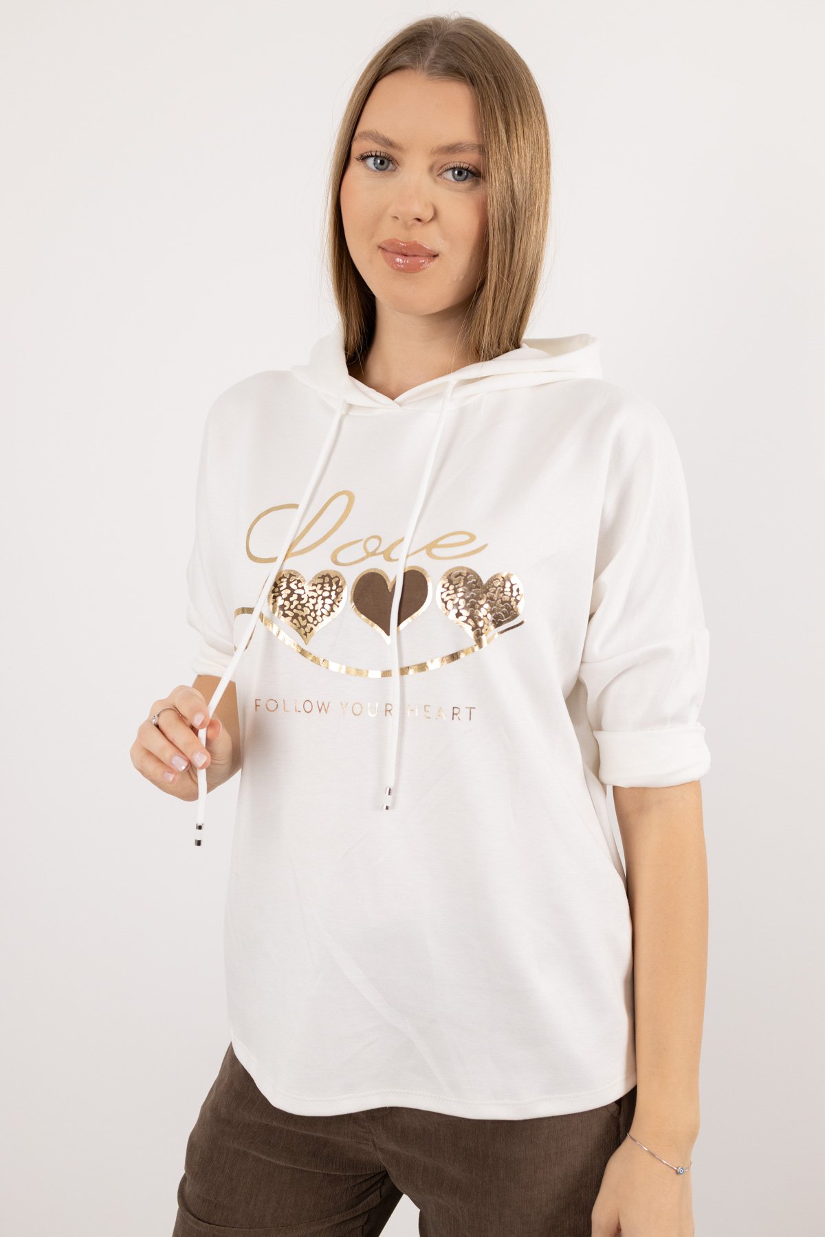 Kapüşon Detaylı Love Ve Kalp Baskılı Sweat