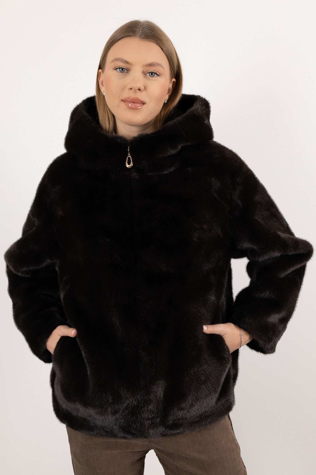 Kapüşonlu Peluş Mont