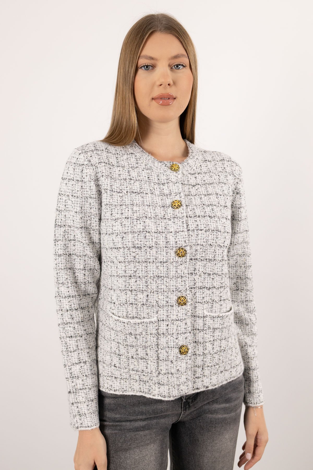 Kare Desen Gold Düğme Detay Çift Cepli Hırka