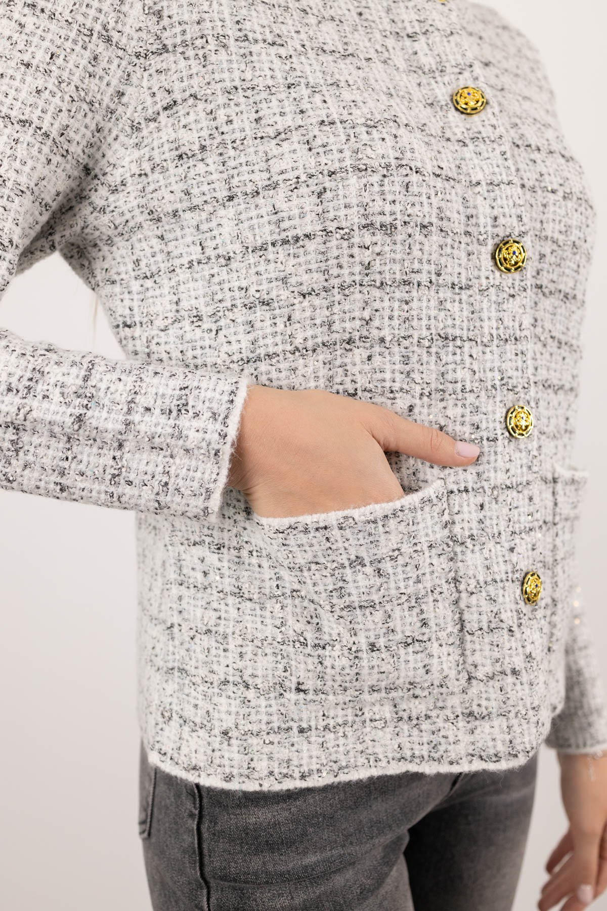 Kare Desen Gold Düğme Detay Çift Cepli Hırka