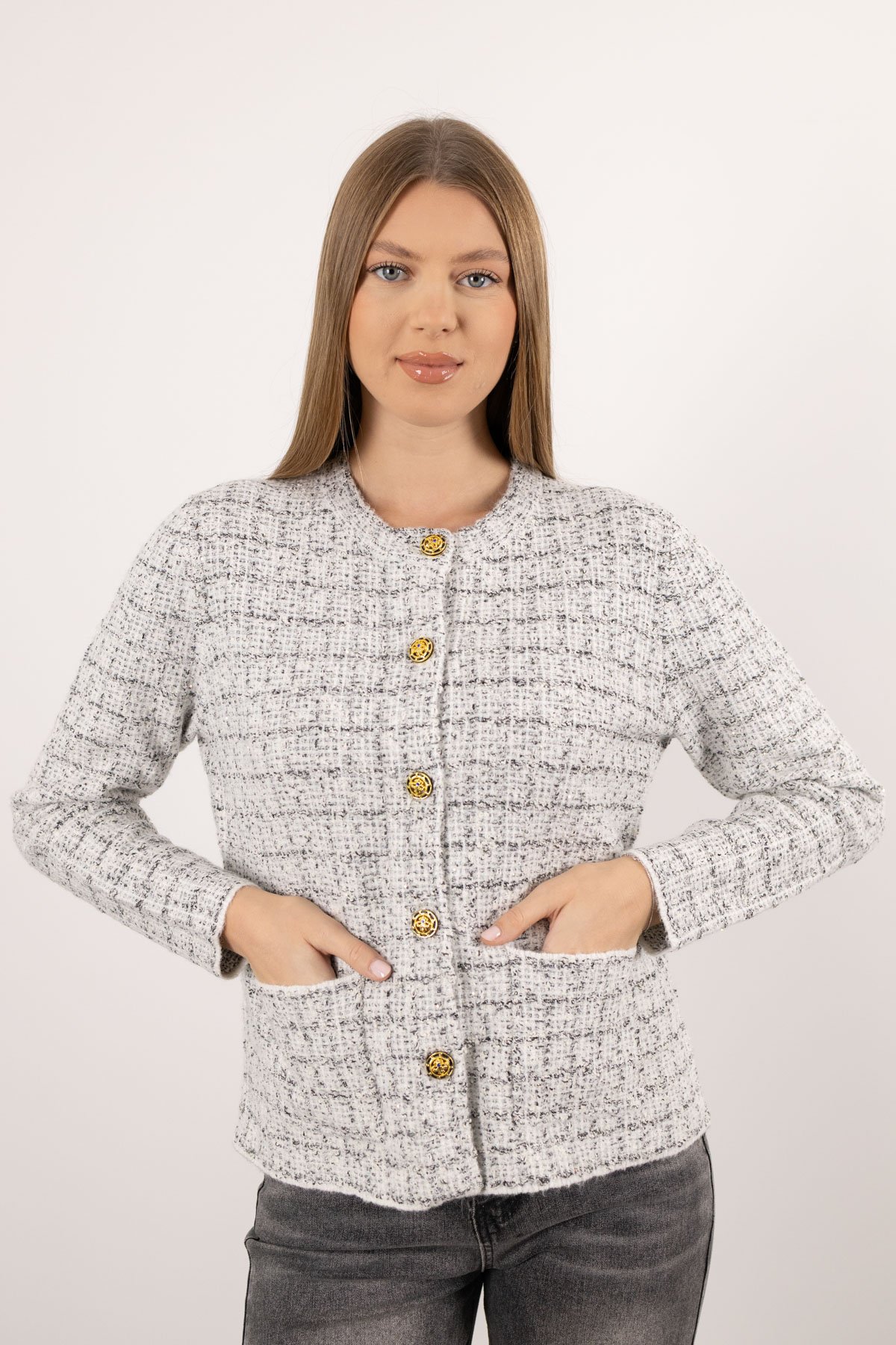 Kare Desen Gold Düğme Detay Çift Cepli Hırka