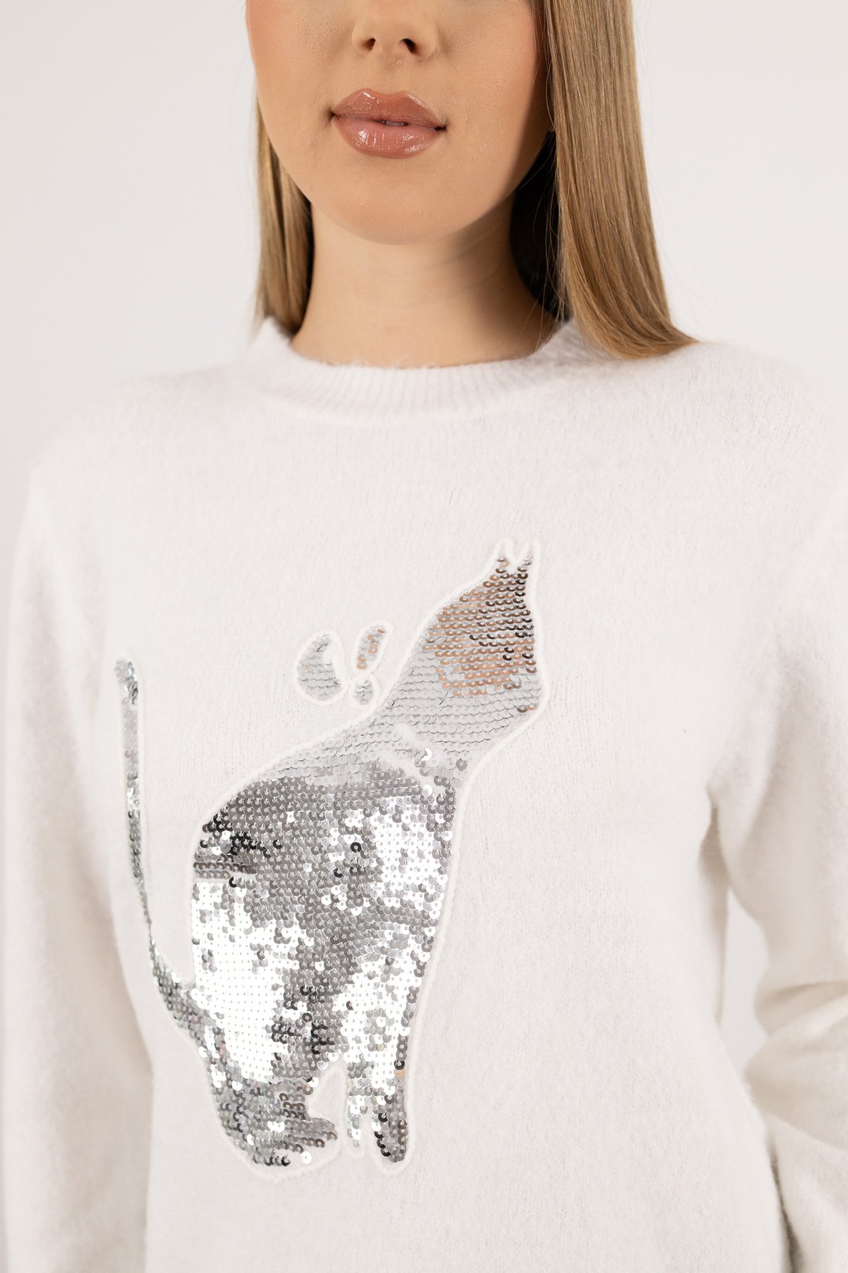 Kedi Desen Pul İşleme Detay Triko