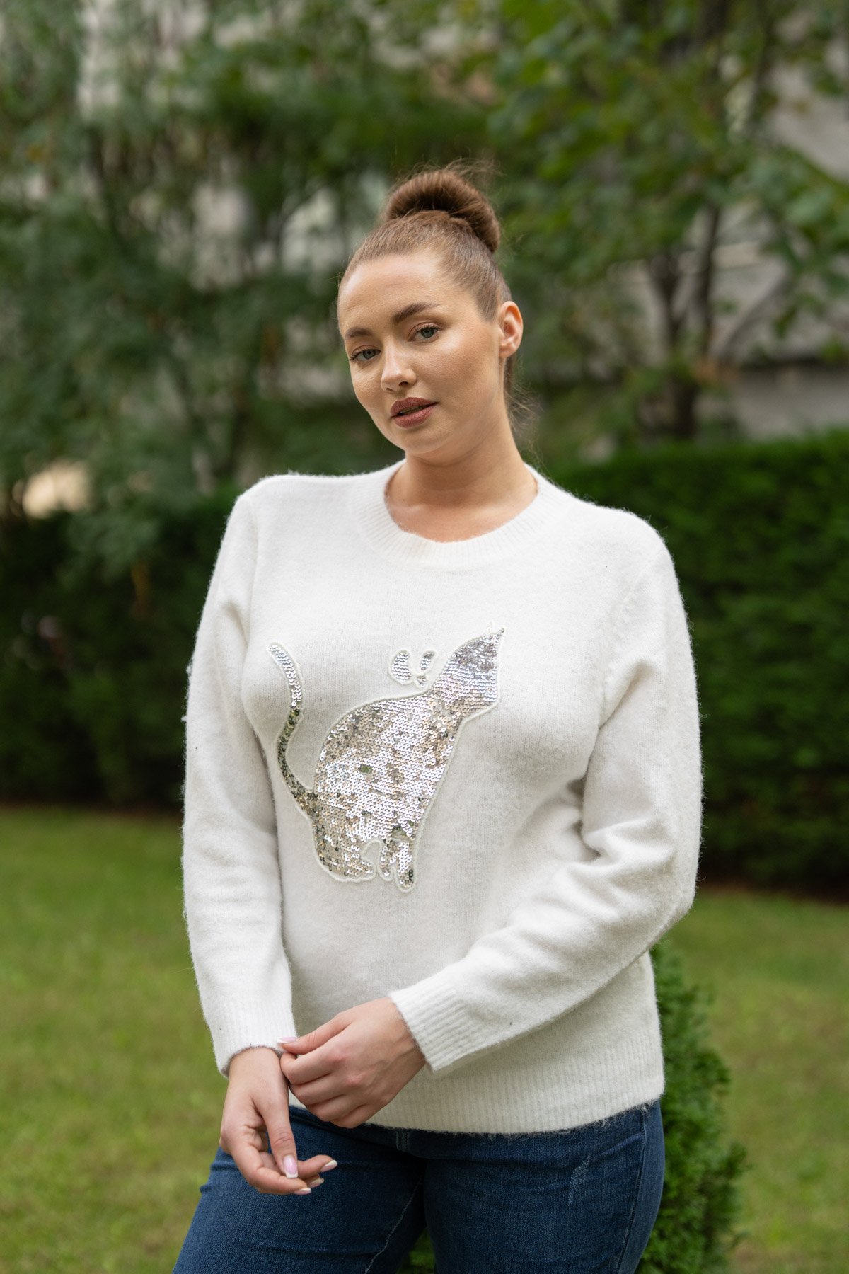 Kedi Desen Pul İşleme Detay Triko