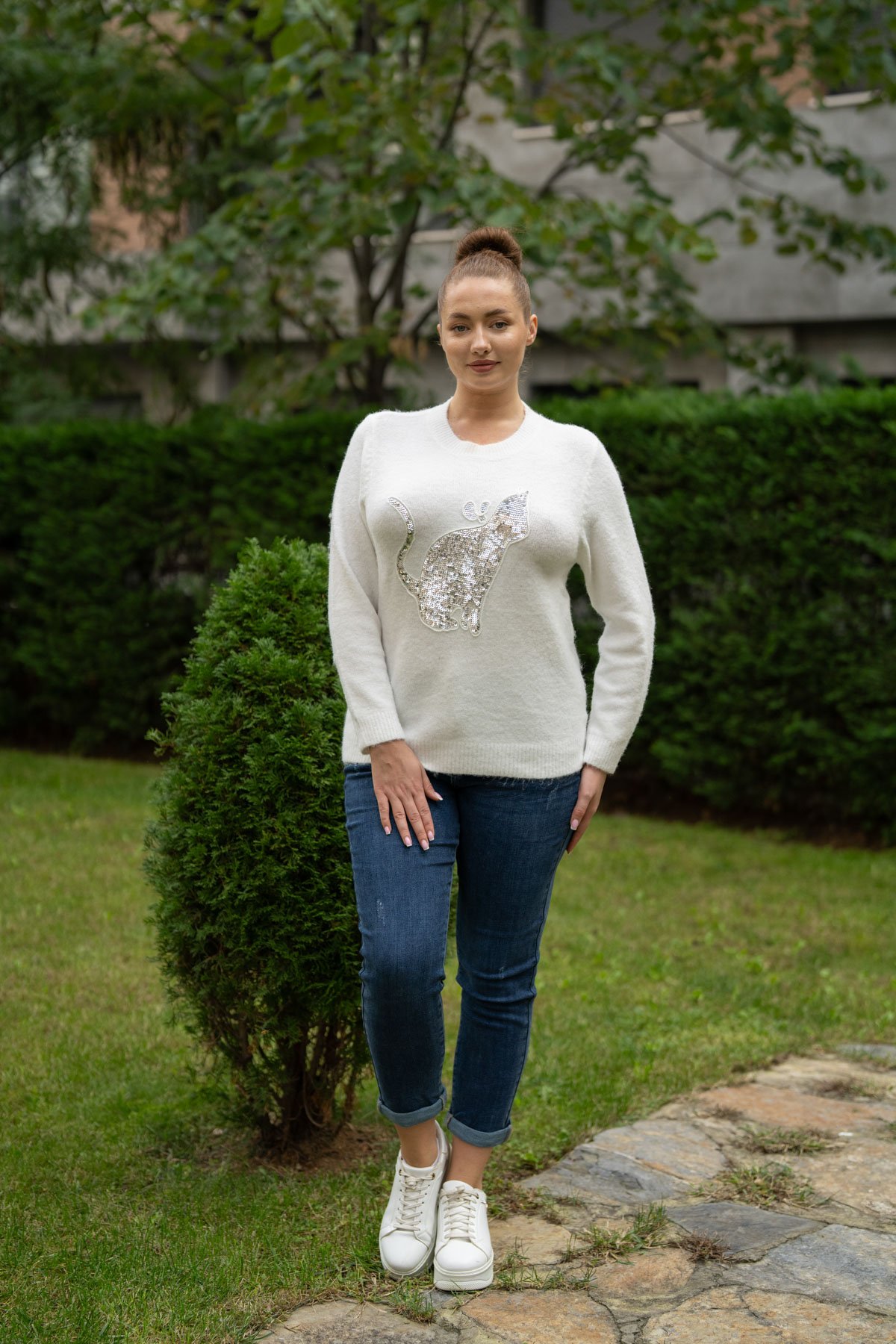 Kedi Desen Pul İşleme Detay Triko