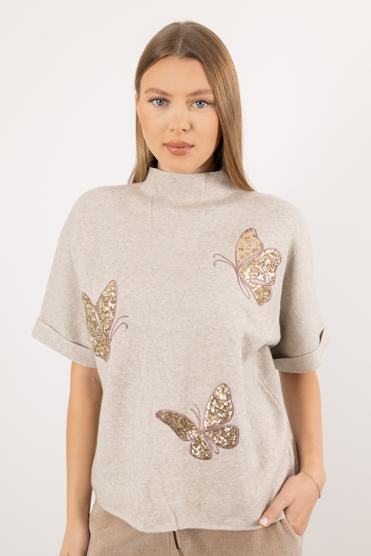 Kelebek Desen Pul İşleme Triko Bluz