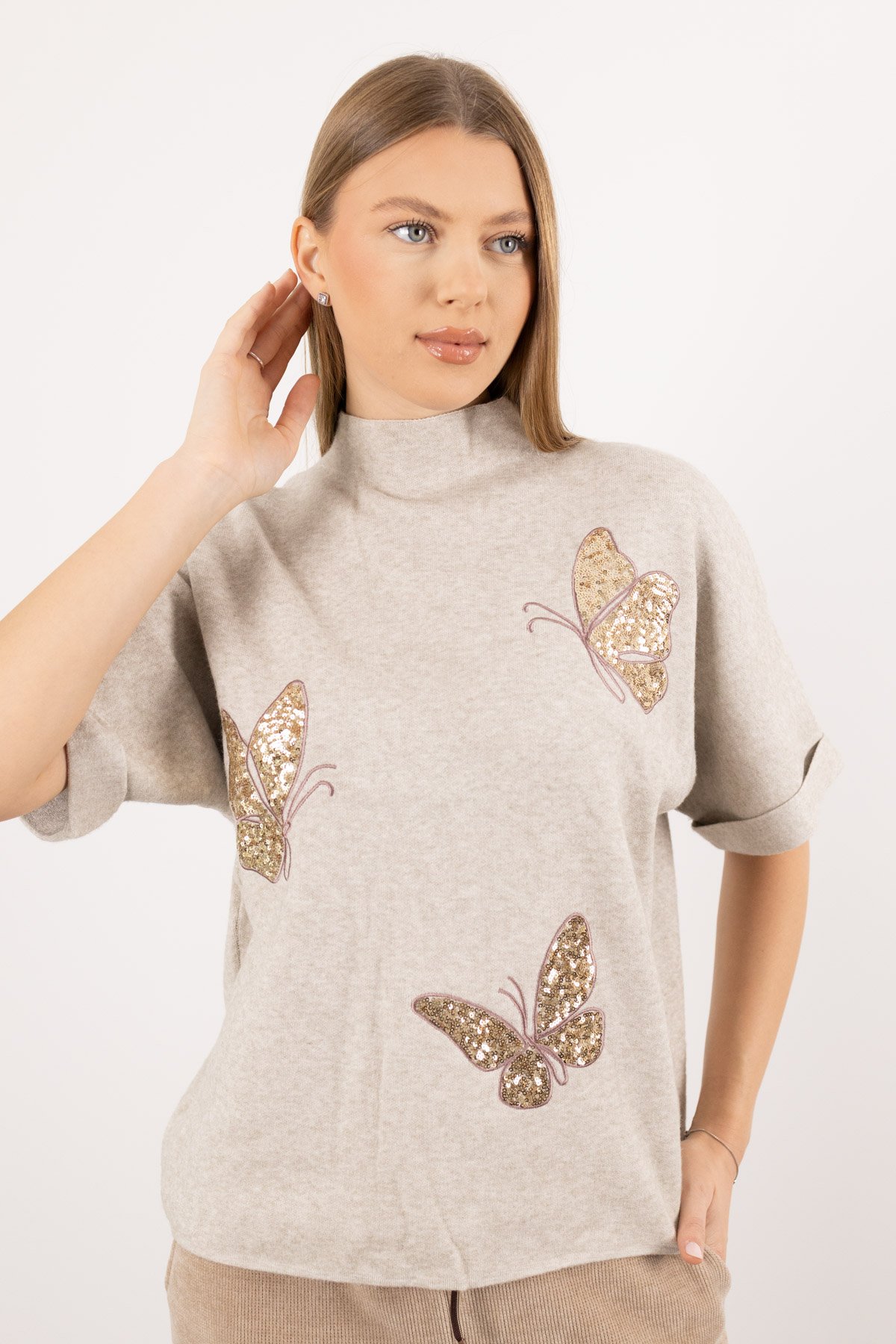 Kelebek Desen Pul İşleme Triko Bluz