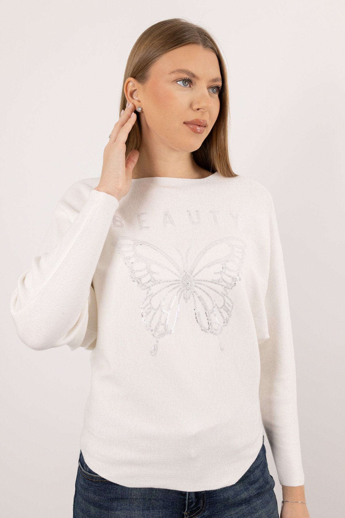 Kelebek Desen Pul Payet İşleme Triko