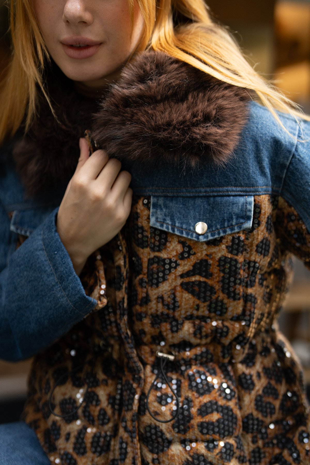 Leopar Desen Pul Payet İşleme Detay Kot Ceket