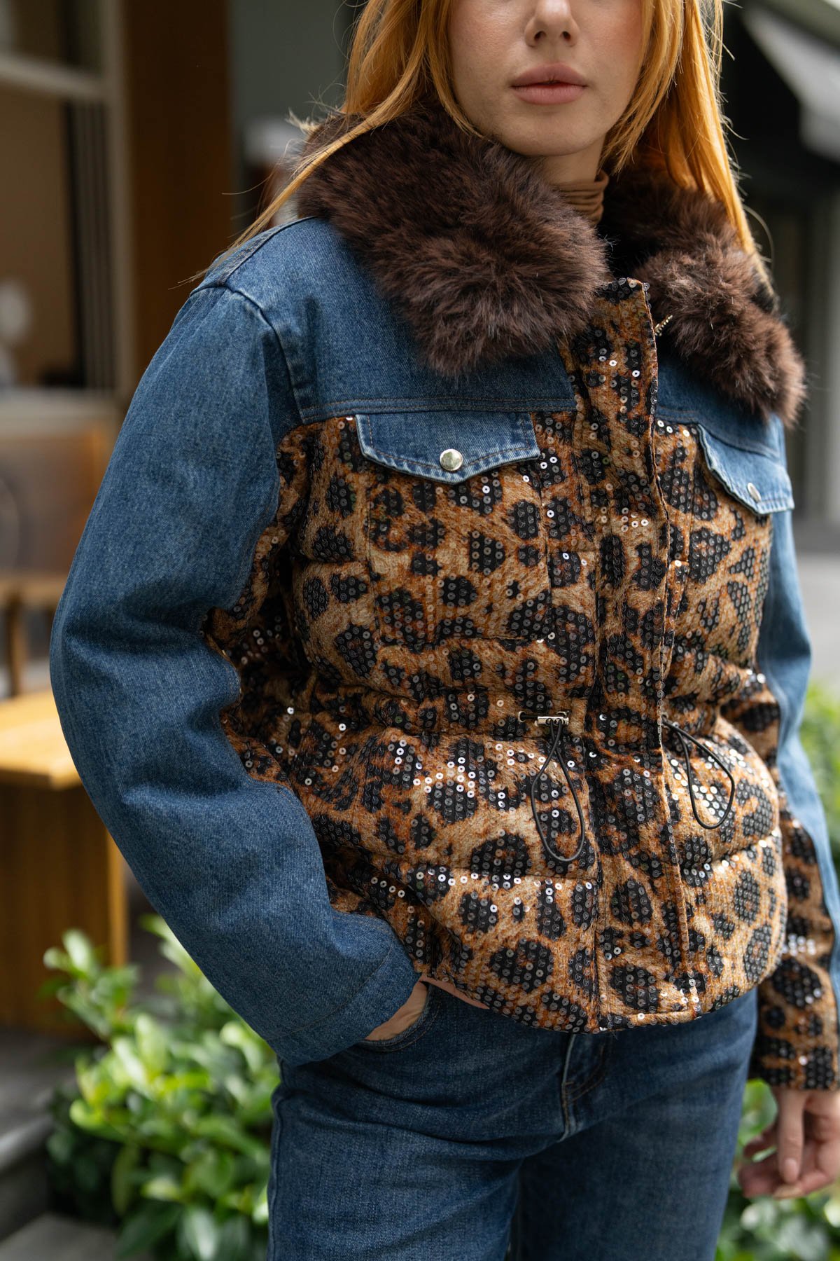 Leopar Desen Pul Payet İşleme Detay Kot Ceket