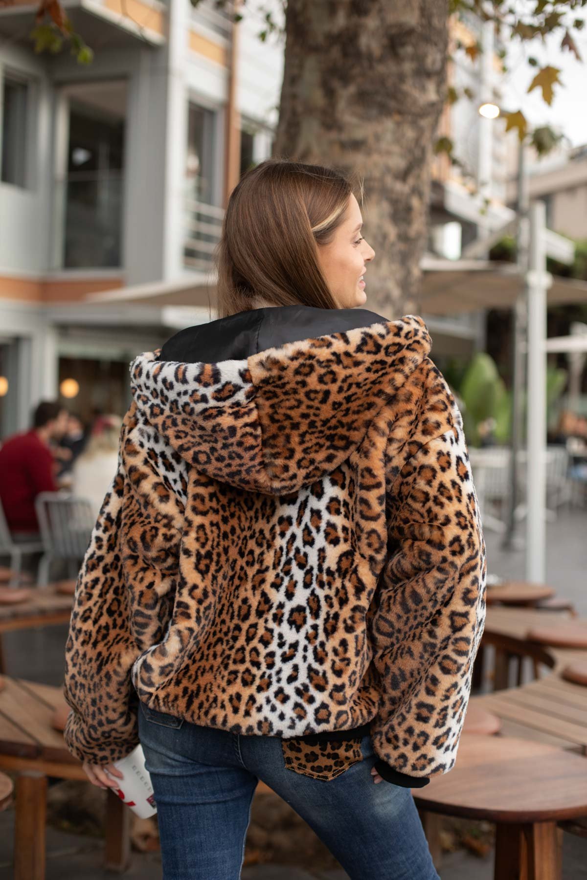 Leopar Desen Tüylü Mont