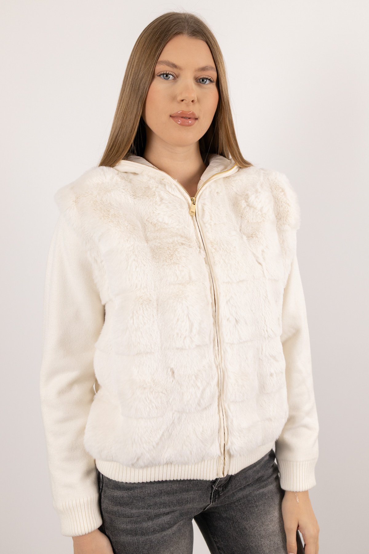 Triko Kol Detay Peluş Mont