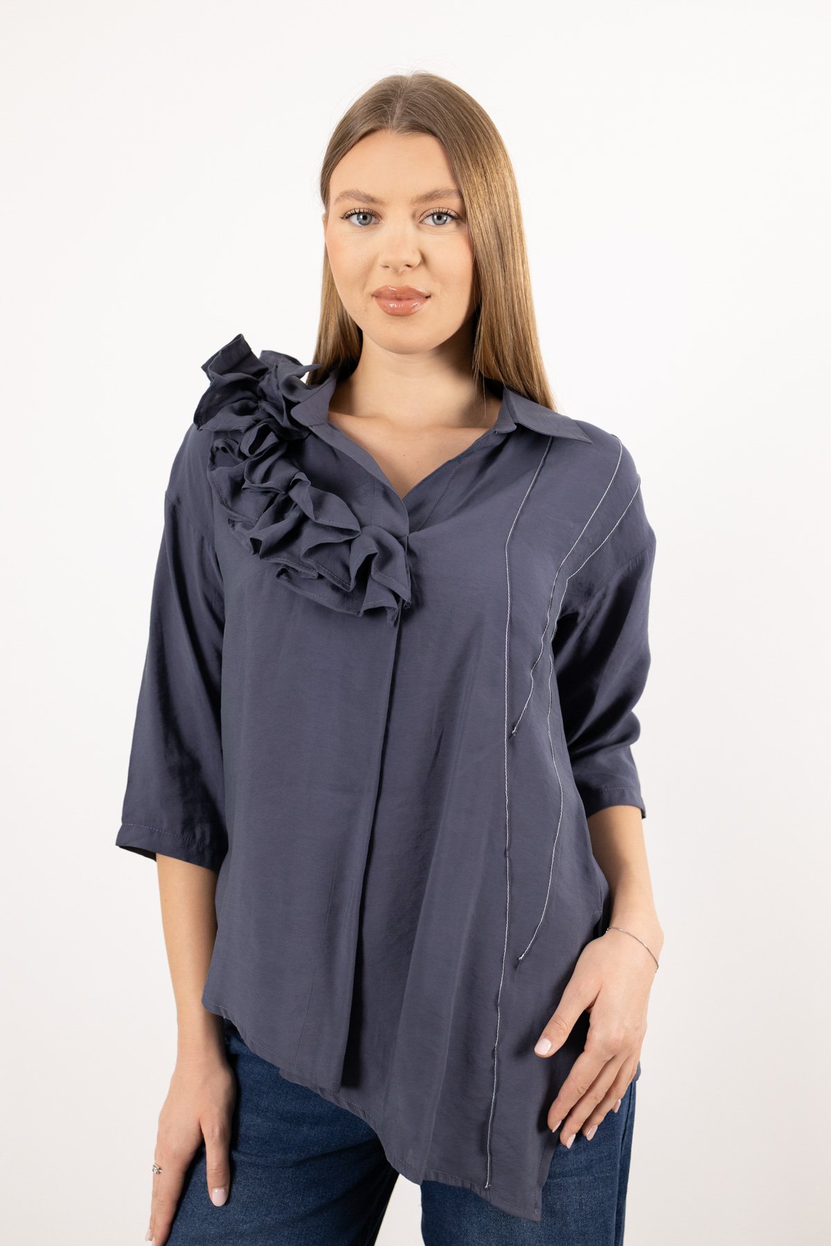 Yaka Büzgü Ve Kol Büzgü Detaylı Kısa Kollu Gömlek