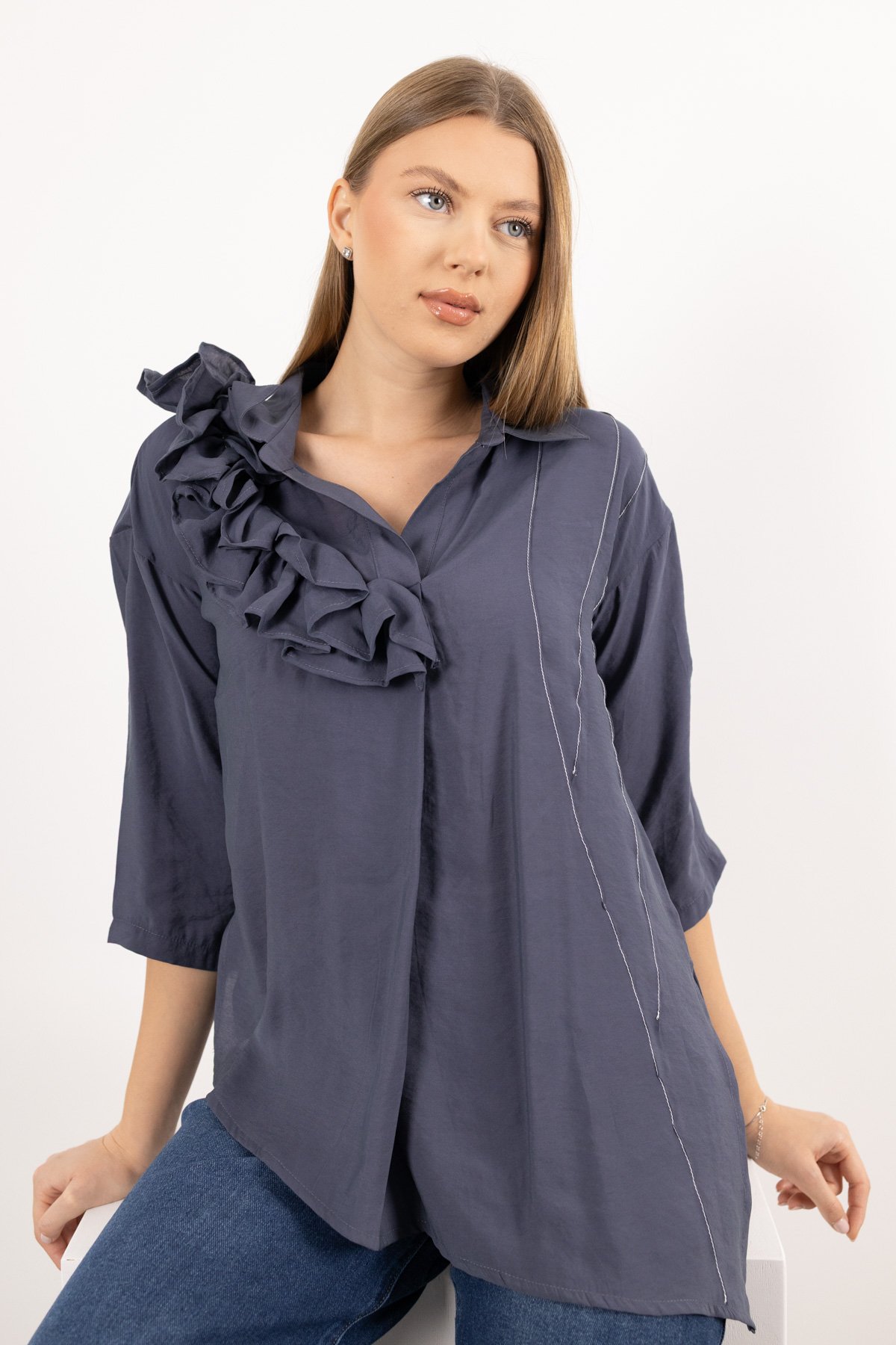 Yaka Büzgü Ve Kol Büzgü Detaylı Kısa Kollu Gömlek