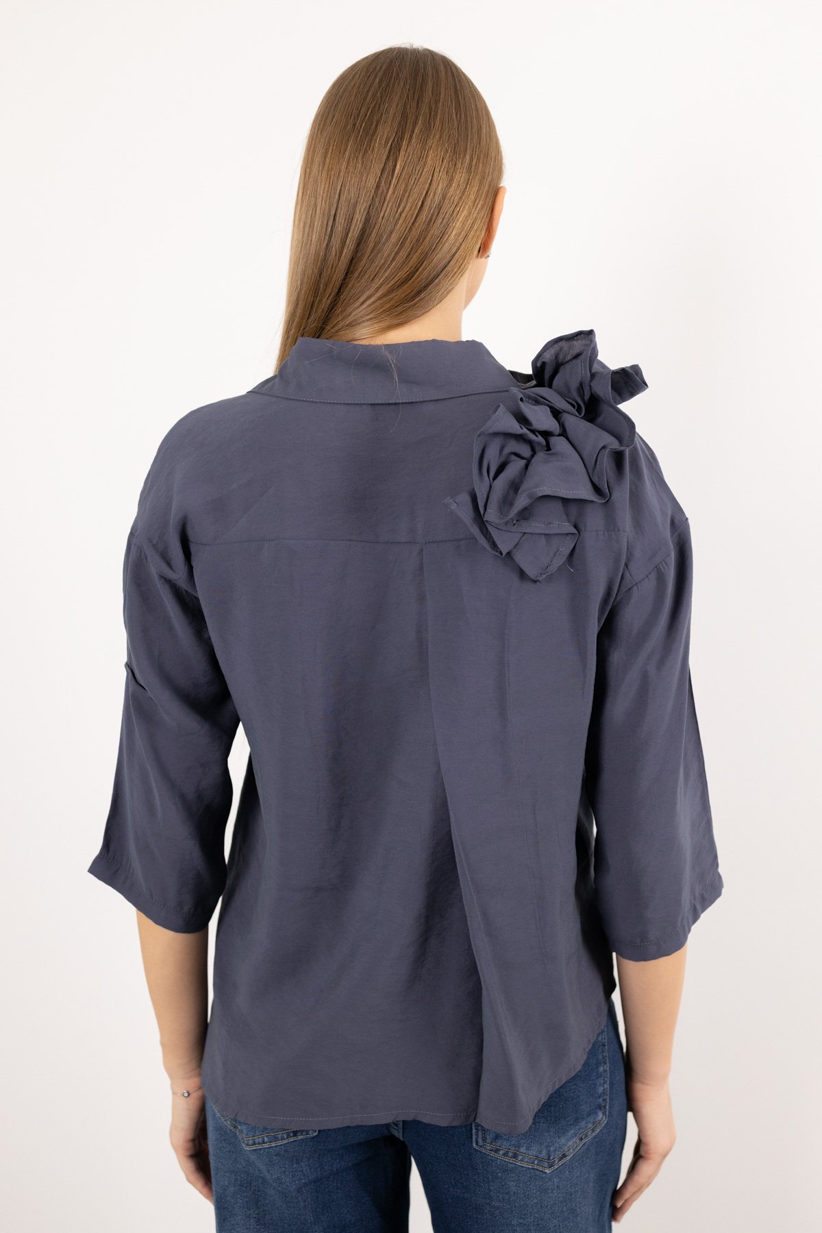 Yaka Büzgü Ve Kol Büzgü Detaylı Kısa Kollu Gömlek