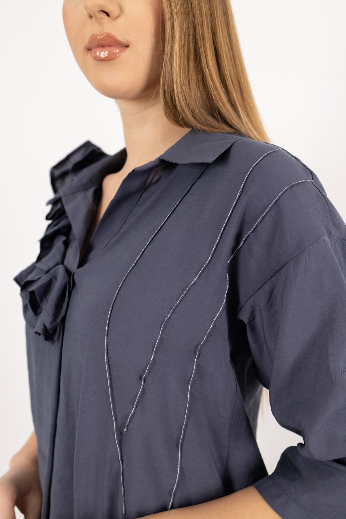 Yaka Büzgü Ve Kol Büzgü Detaylı Kısa Kollu Gömlek