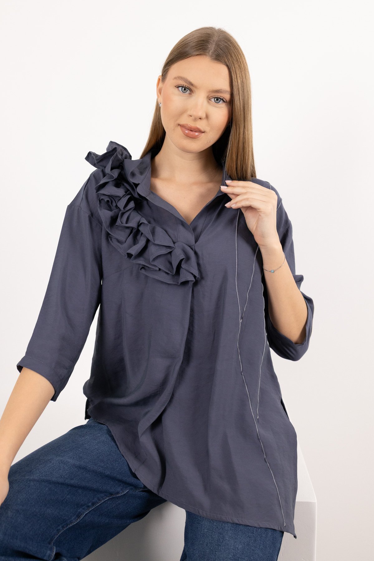 Yaka Büzgü Ve Kol Büzgü Detaylı Kısa Kollu Gömlek