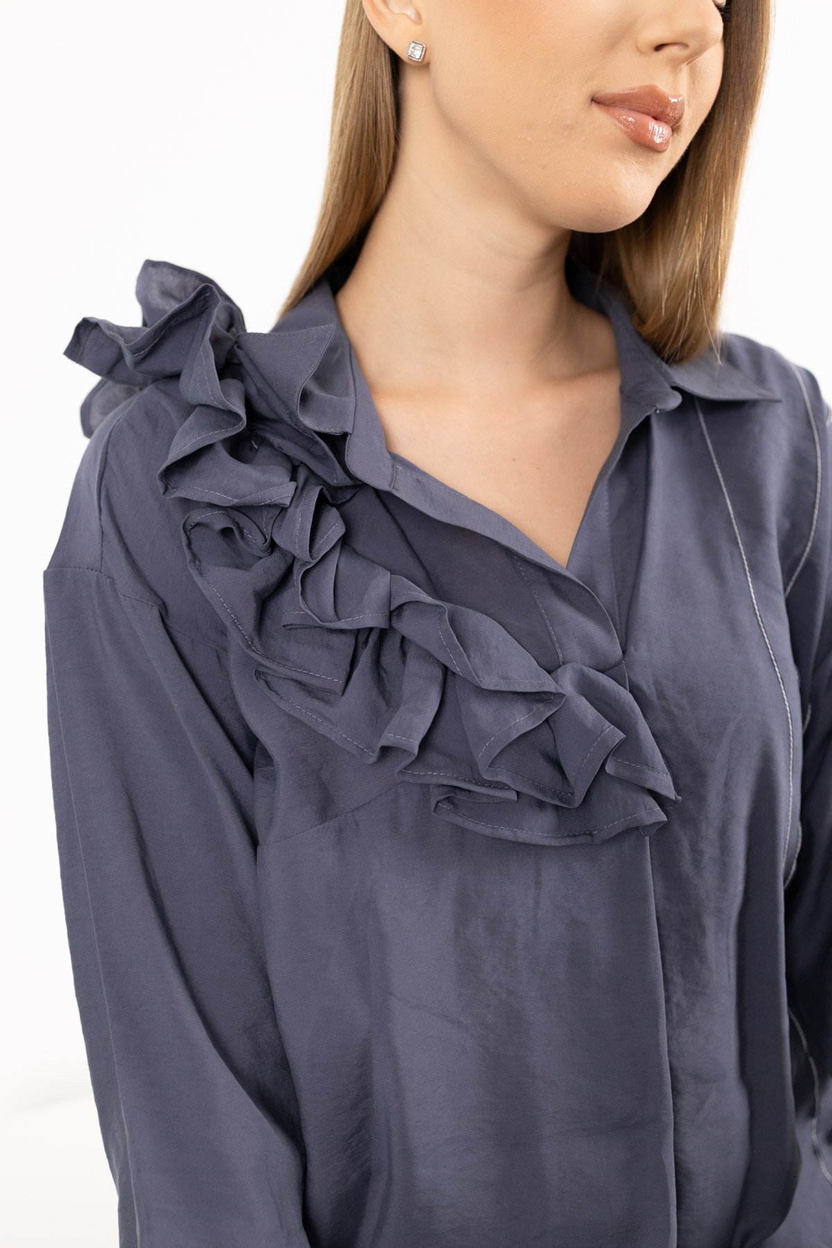 Yaka Büzgü Ve Kol Büzgü Detaylı Kısa Kollu Gömlek