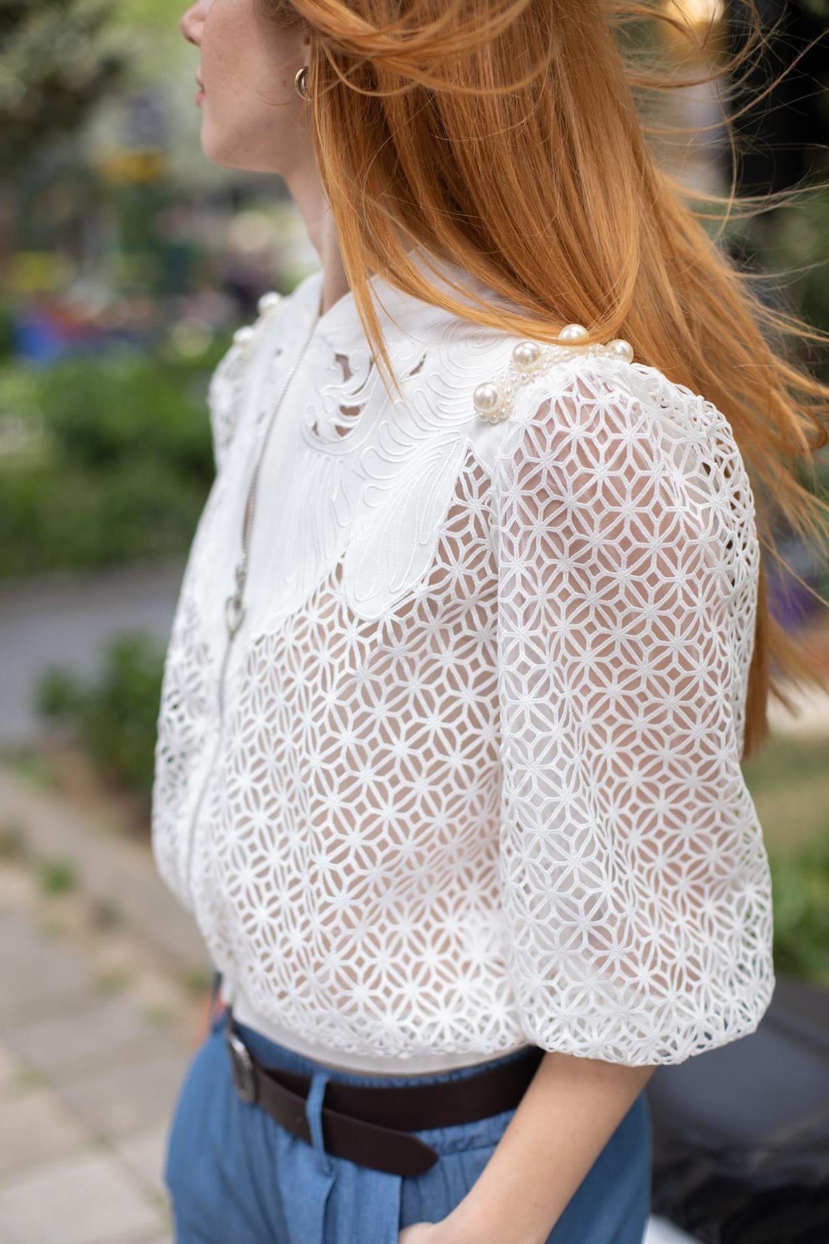 Yaka Detay Boncuk Baskılı Fisto Ceket