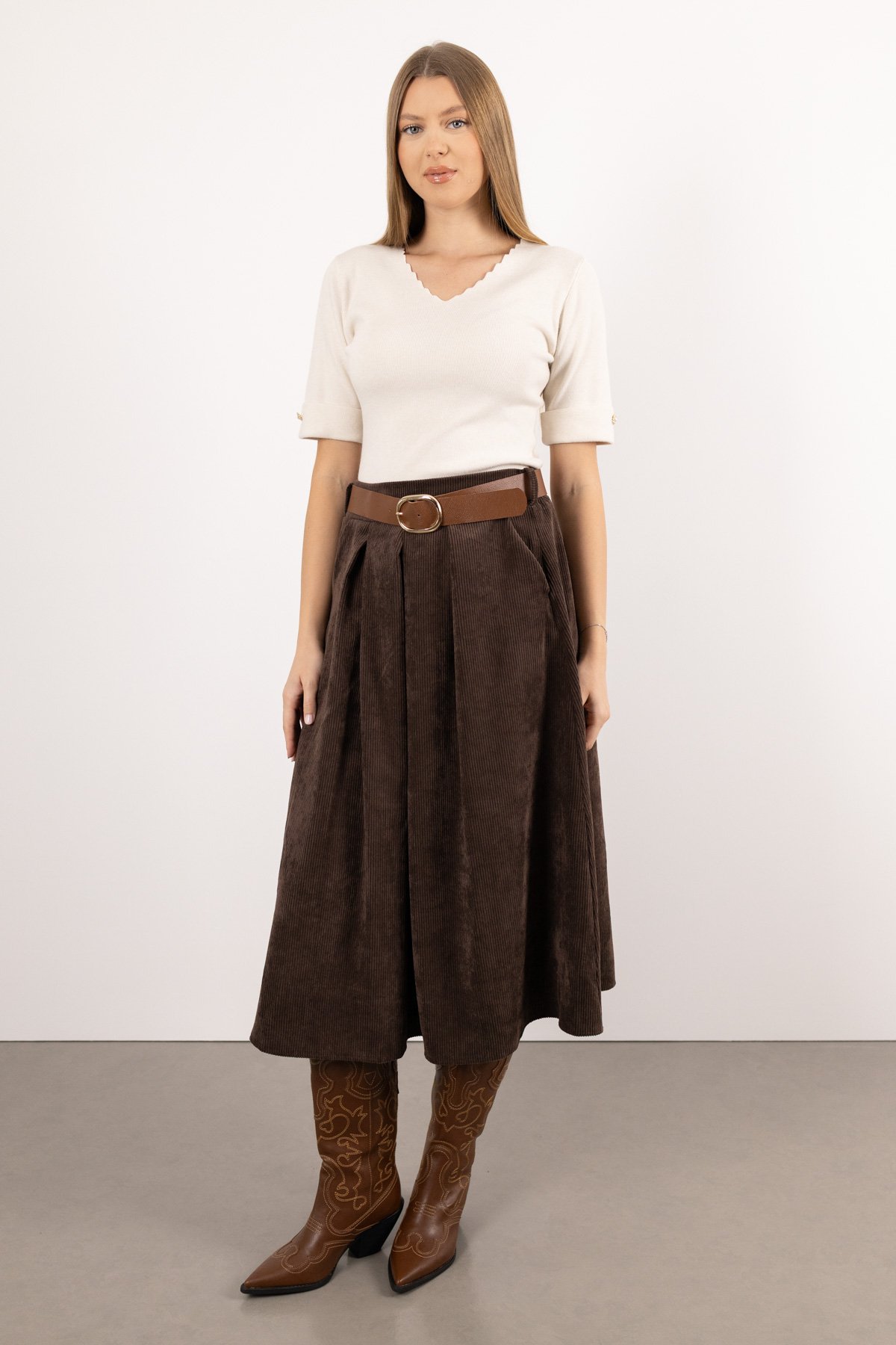 Yaka Zigzag Detaylı Kol İnci Düğmeli Triko