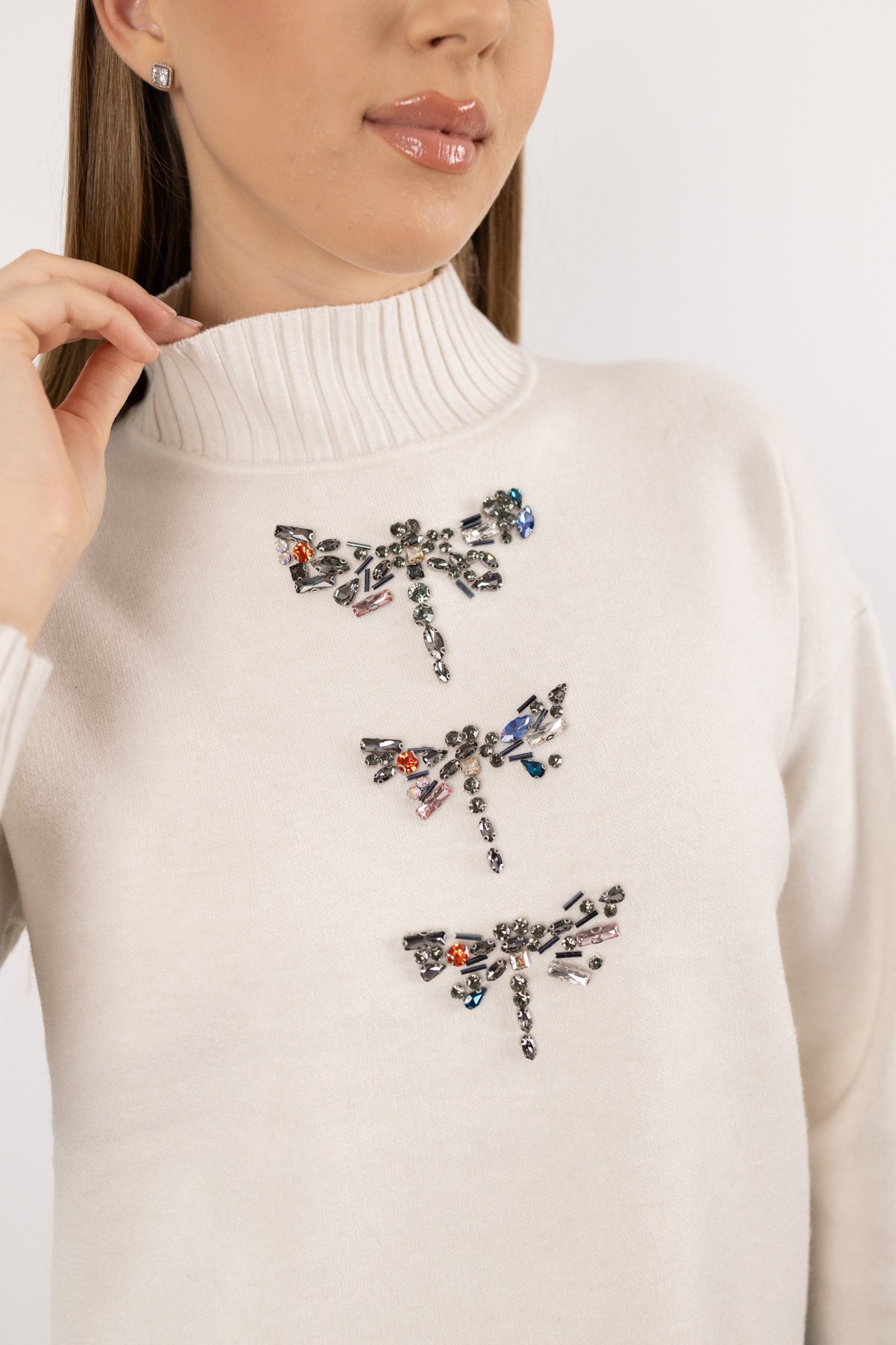 Yarım Balıkçı Yaka Detay Taş İşlemeli Uzun Kollu Triko