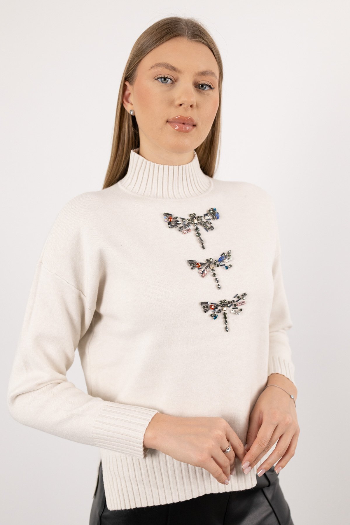 Yarım Balıkçı Yaka Detay Taş İşlemeli Uzun Kollu Triko