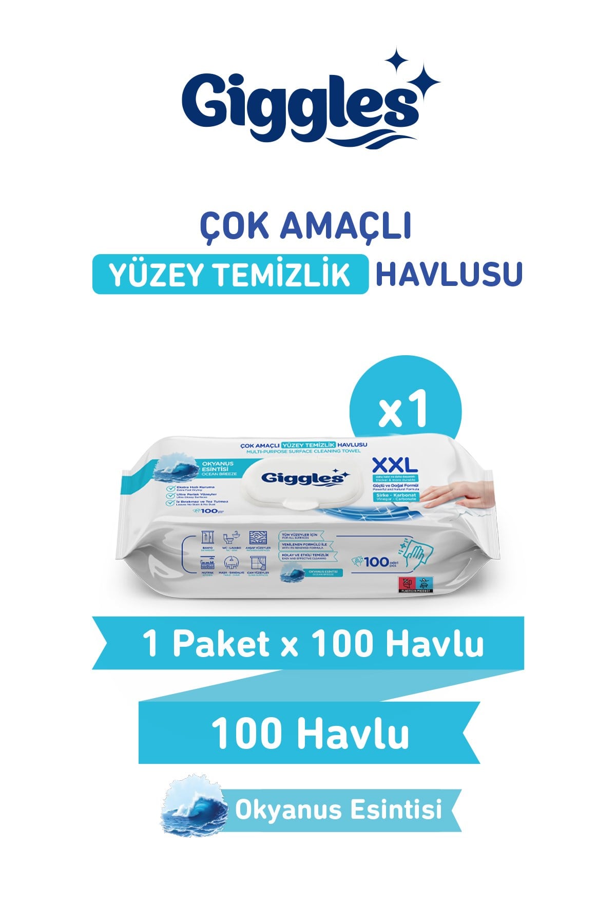 GİGGLES YÜZ TEMİZLEME HAVLUSU 100LÜ XXL SİRKE KARBONAT